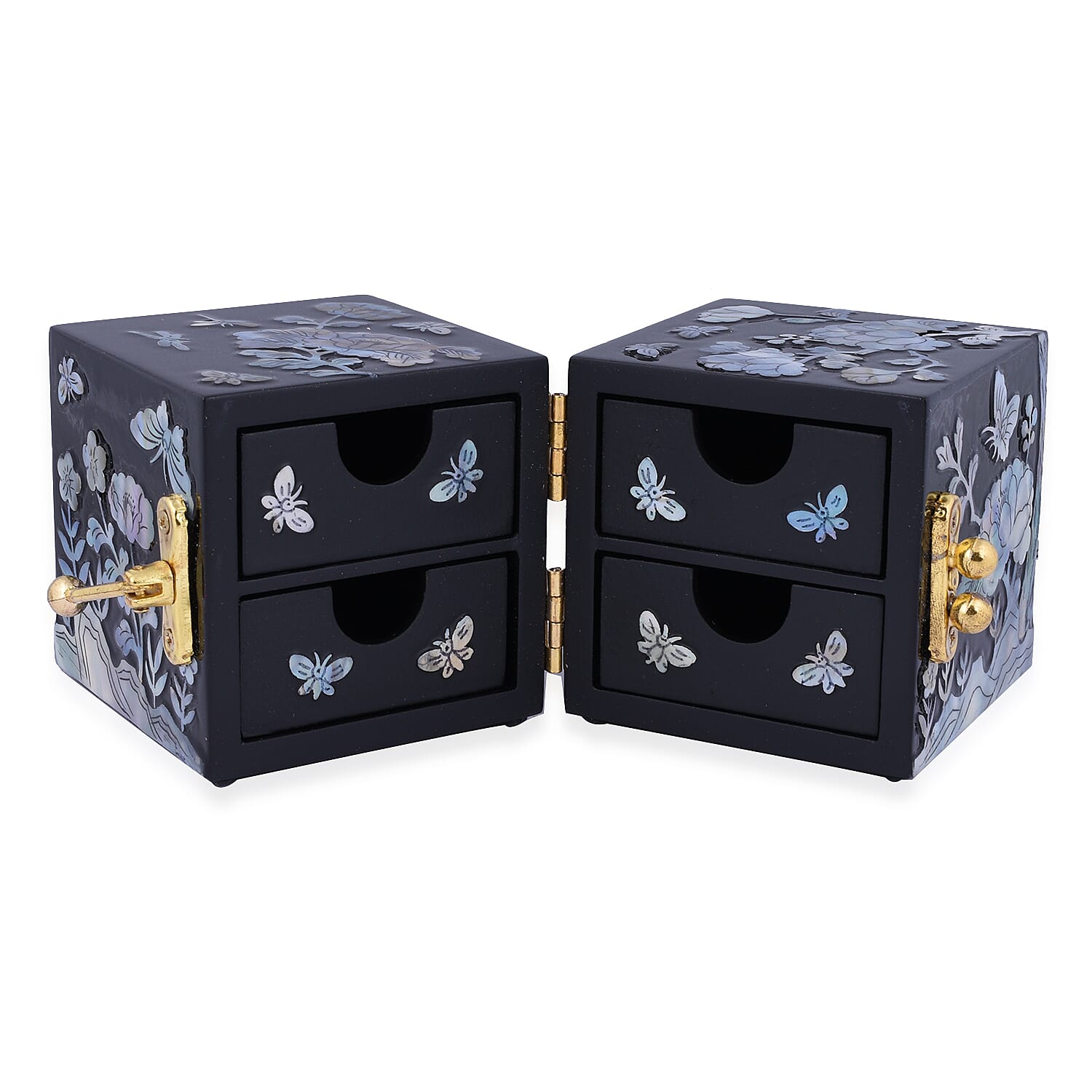 Twin Cube Jewelry Box Organizer Hand Made Mother of Pearl Sea Shell Inlay Lacquered Floral Chrysanthemum Pattern- Black