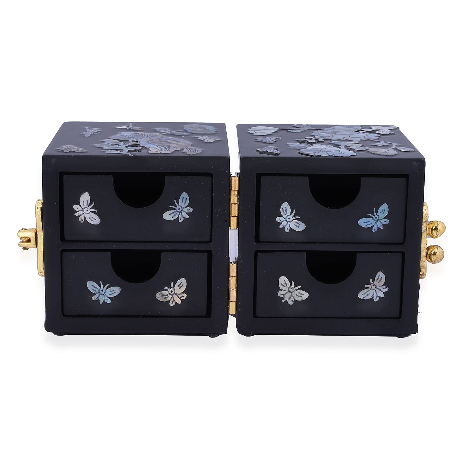Twin Cube Jewelry Box Organizer Hand Made Mother of Pearl Sea Shell Inlay Lacquered Floral Chrysanthemum Pattern- Black