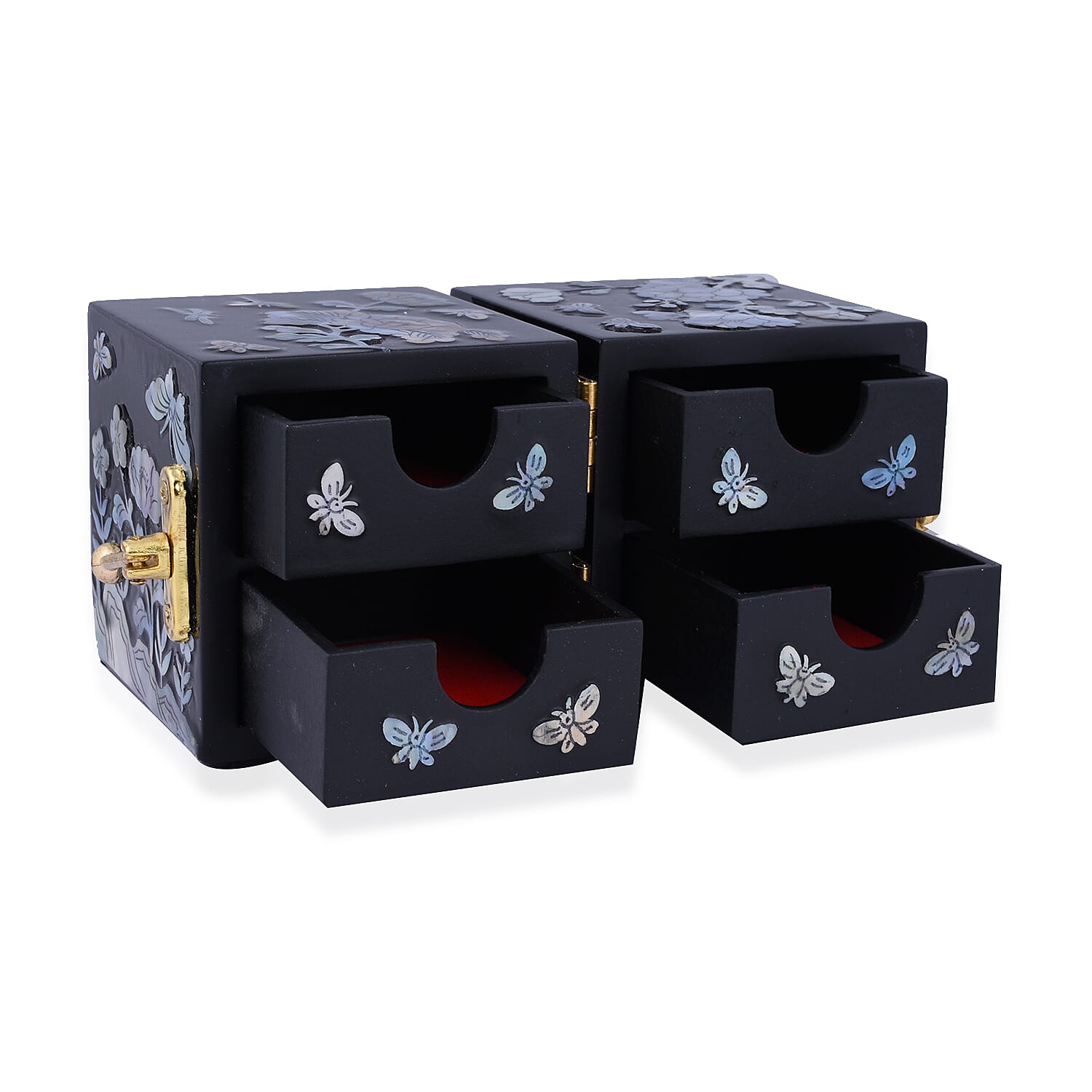 Twin Cube Jewelry Box Organizer Hand Made Mother of Pearl Sea Shell Inlay Lacquered Floral Chrysanthemum Pattern- Black