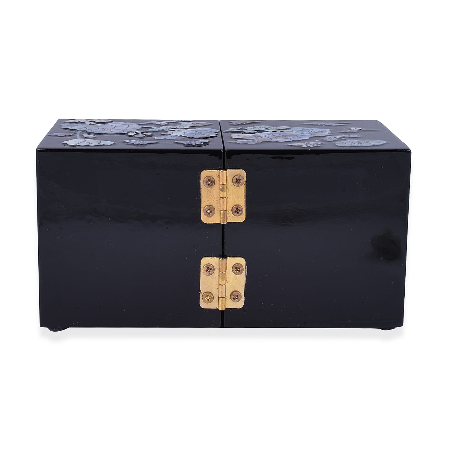 Twin Cube Jewelry Box Organizer Hand Made Mother of Pearl Sea Shell Inlay Lacquered Floral Chrysanthemum Pattern- Black