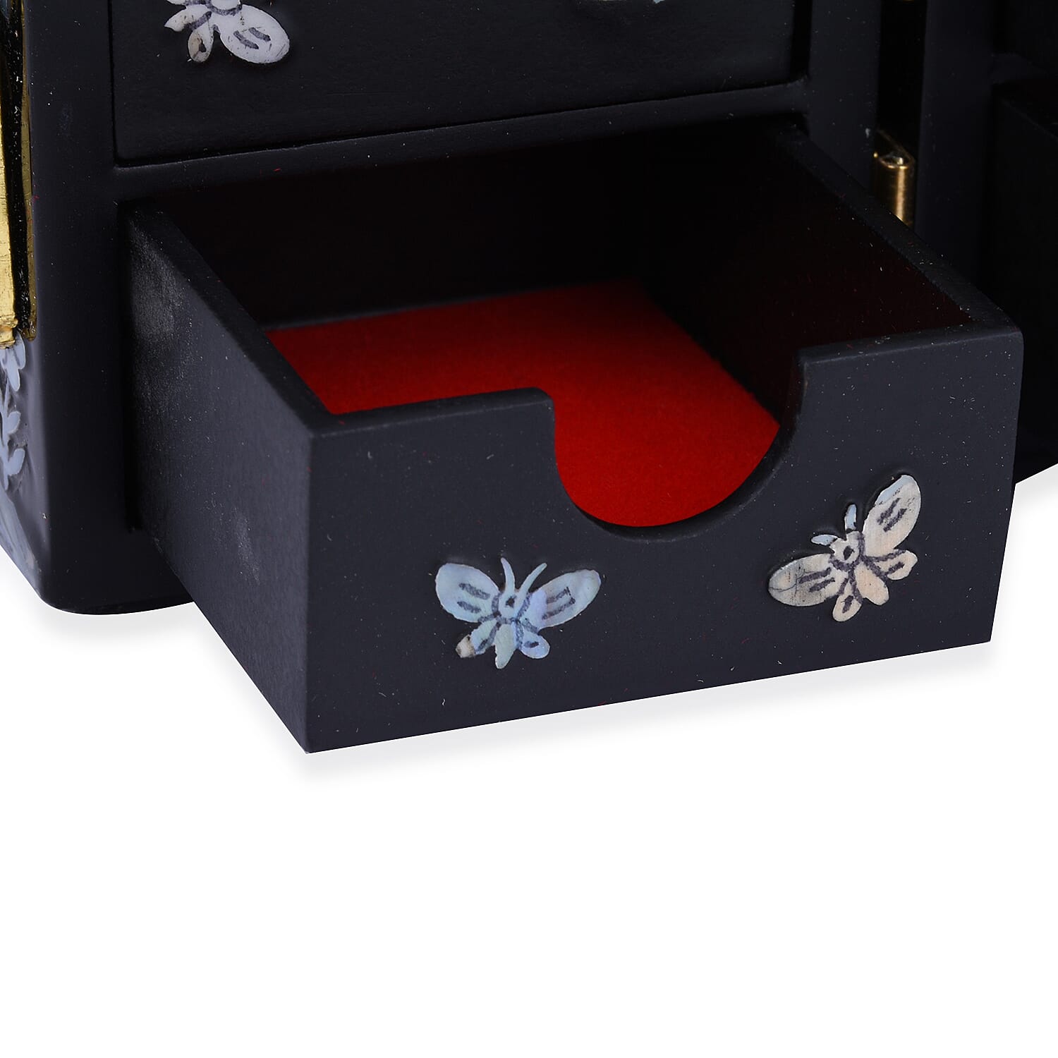 Twin Cube Jewelry Box Organizer Hand Made Mother of Pearl Sea Shell Inlay Lacquered Floral Chrysanthemum Pattern- Black