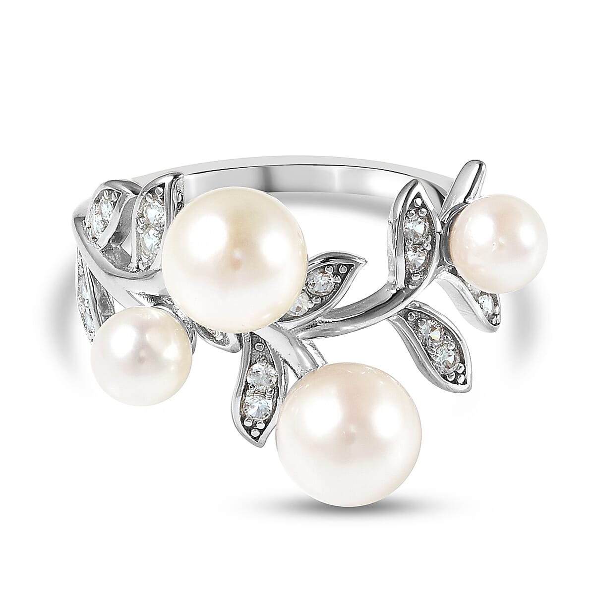 Japanese Akoya Pearl and Natural Cambodian Zircon Ring in Rhodium Overlay Sterling Silver