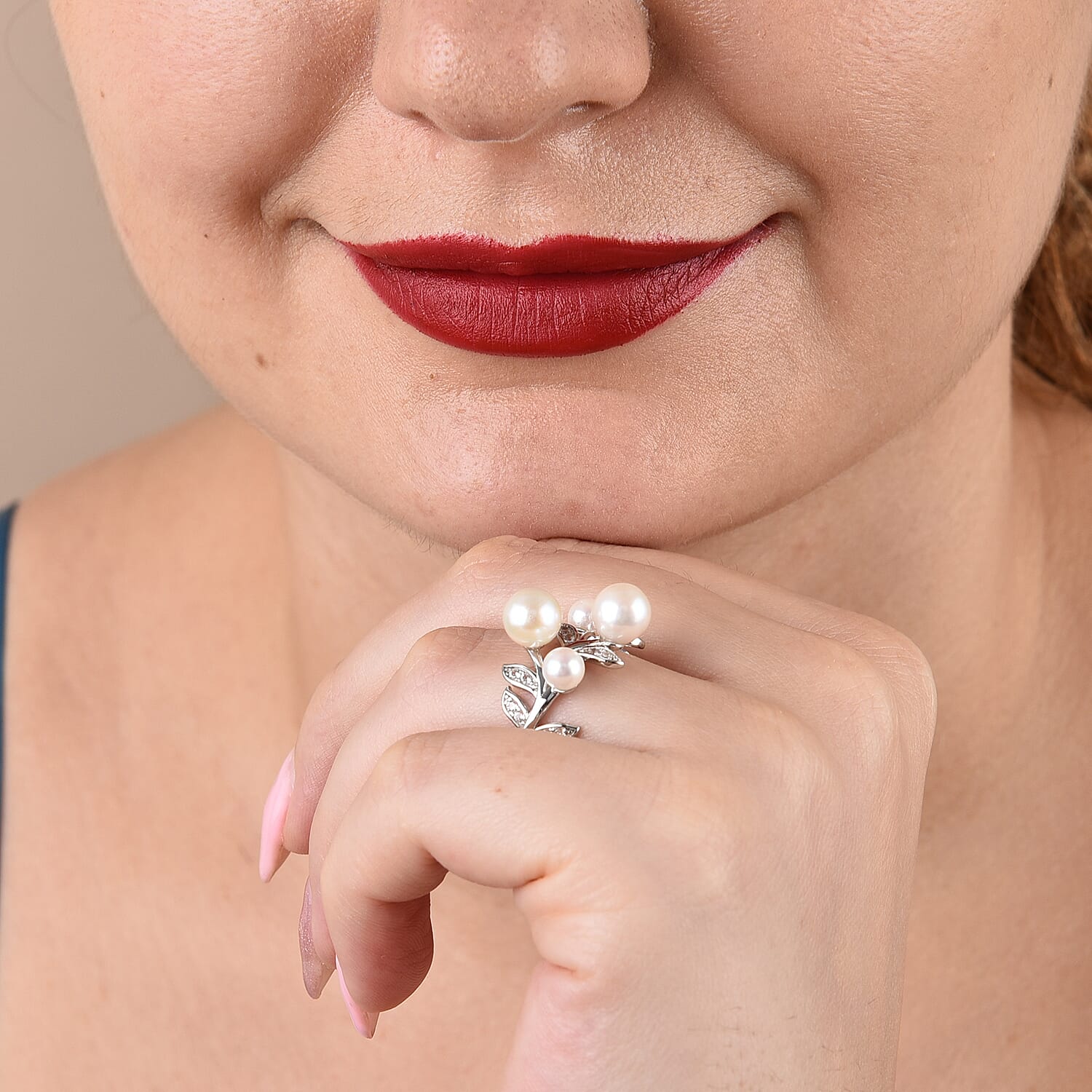 Japanese Akoya Pearl and Natural Cambodian Zircon Ring in Rhodium Overlay Sterling Silver