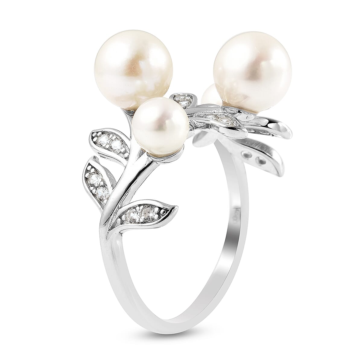 Japanese Akoya Pearl and Natural Cambodian Zircon Ring in Rhodium Overlay Sterling Silver