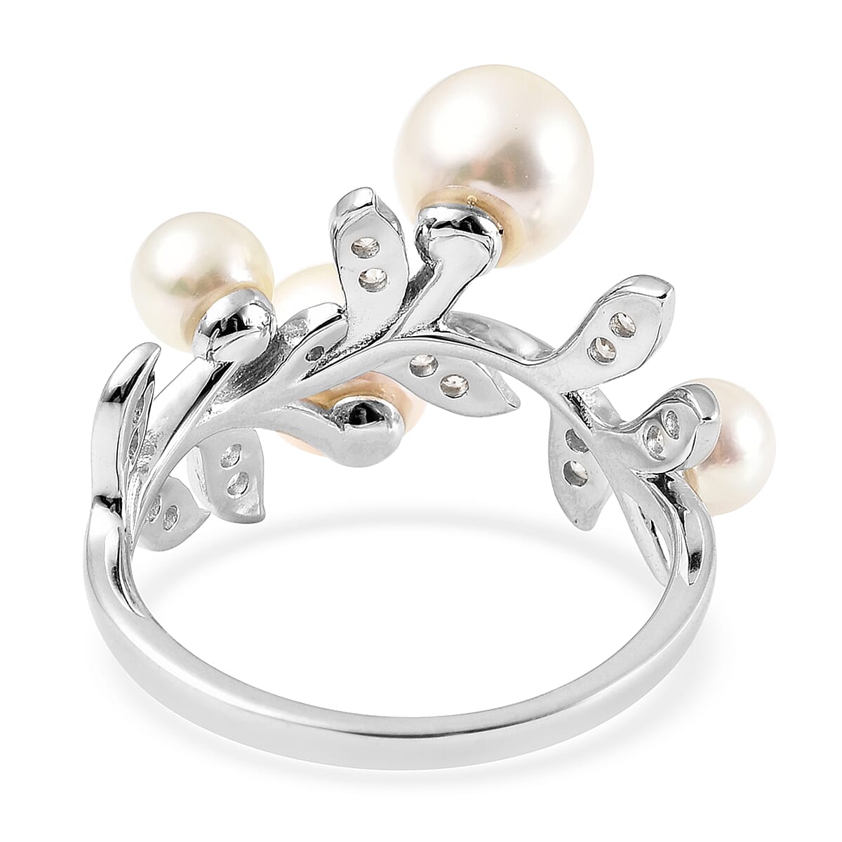 Japanese Akoya Pearl and Natural Cambodian Zircon Ring in Rhodium Overlay Sterling Silver