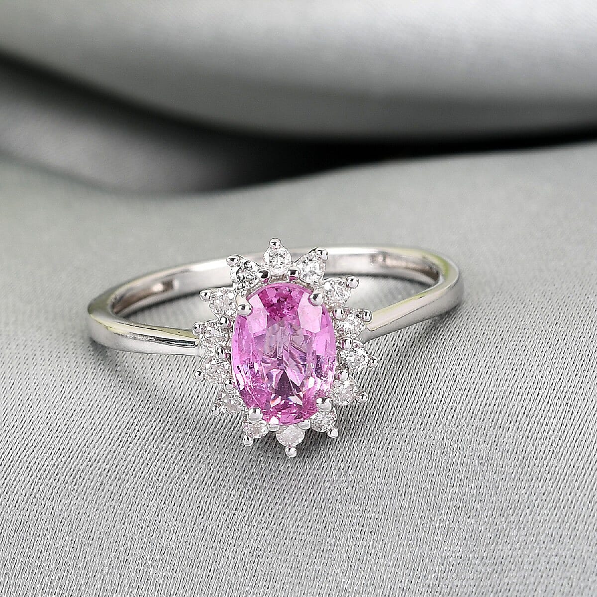 9K White Gold AA Pink Sapphire and Diamond Ring 1.04 Ct.