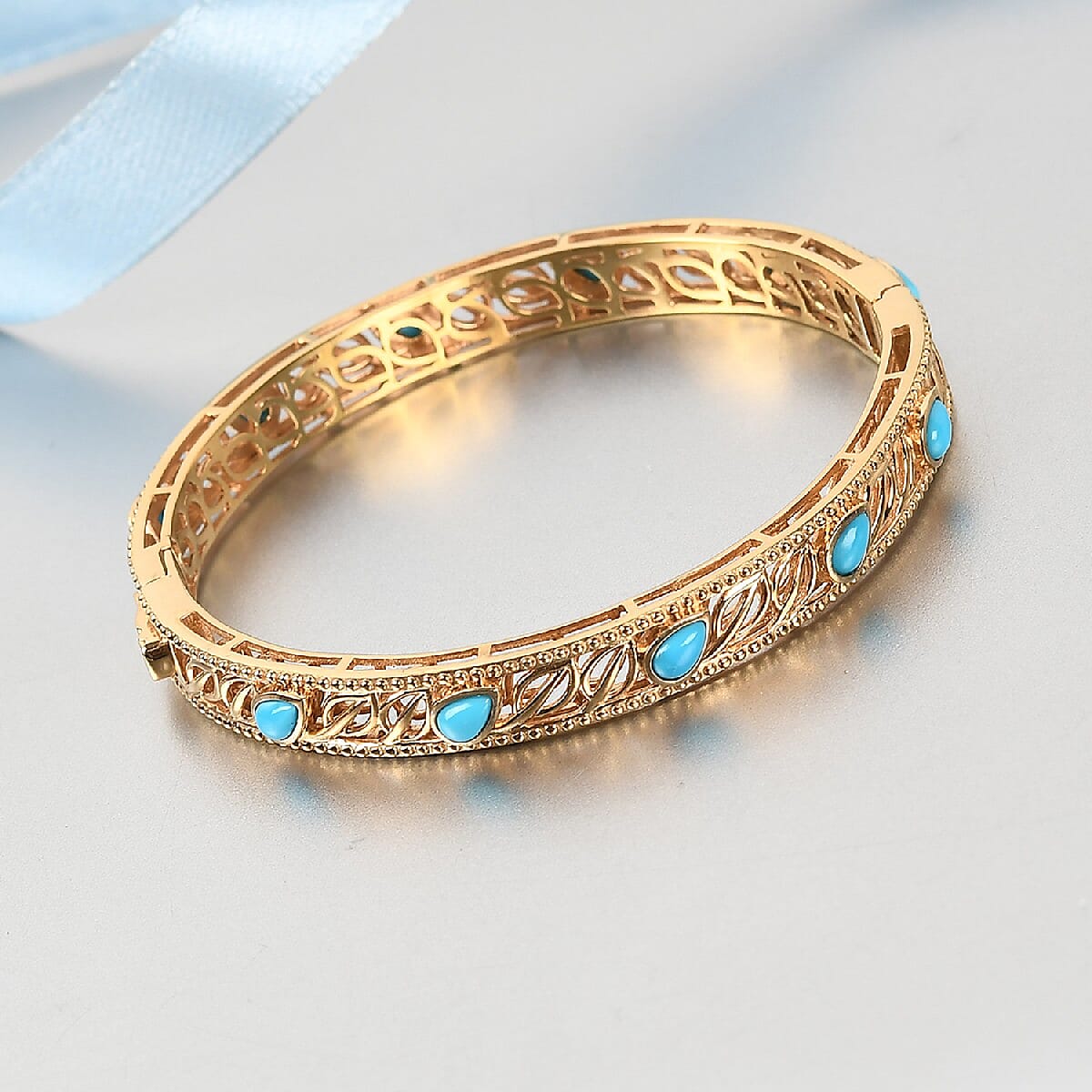 Arizona Sleeping Beauty Turquoise Bangle (Size 8) in 14K Gold Overlay Sterling Silver 2.28 Ct, Silver Wt. 20.30 Gms