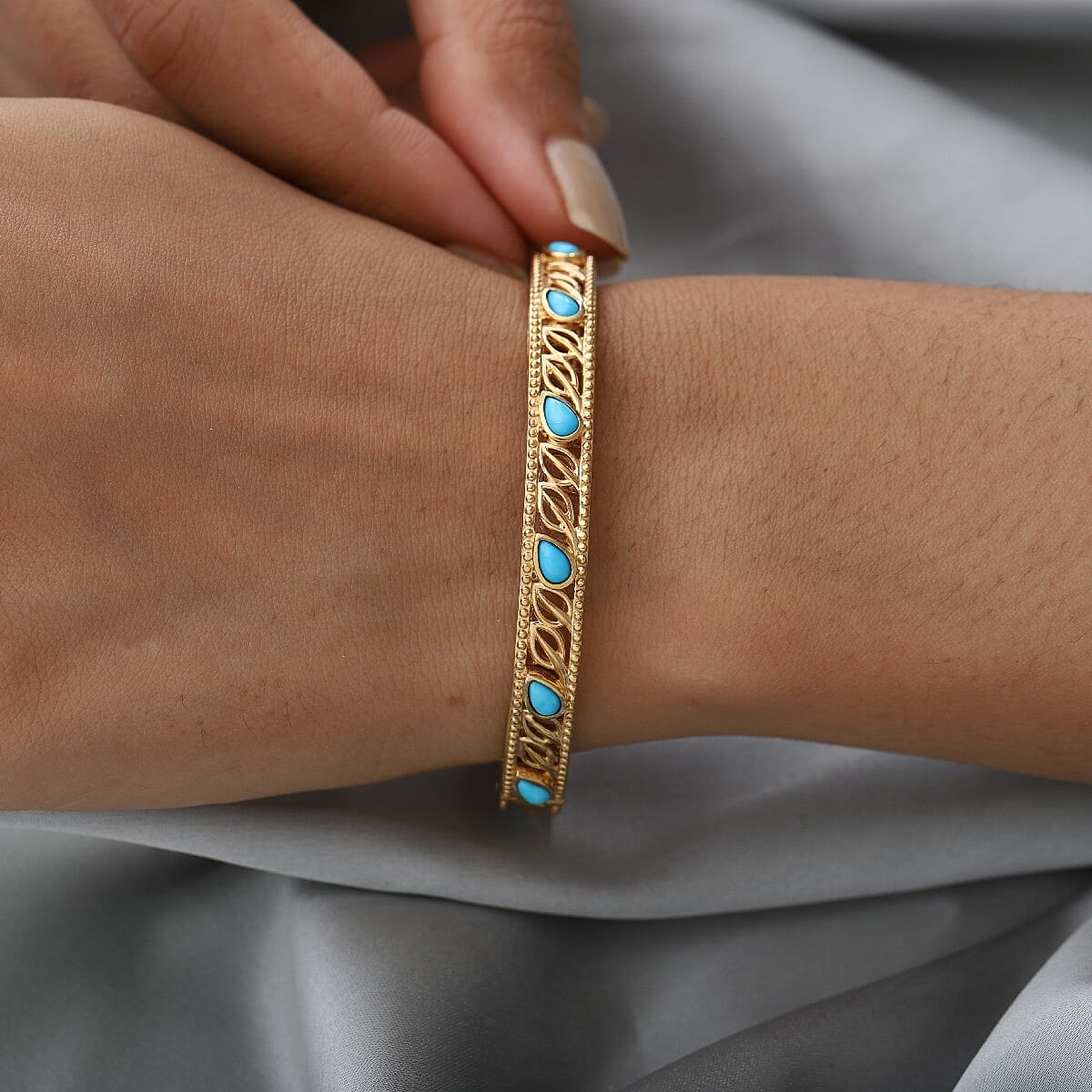 Arizona Sleeping Beauty Turquoise Bangle (Size 8) in 14K Gold Overlay Sterling Silver 2.28 Ct, Silver Wt. 20.30 Gms