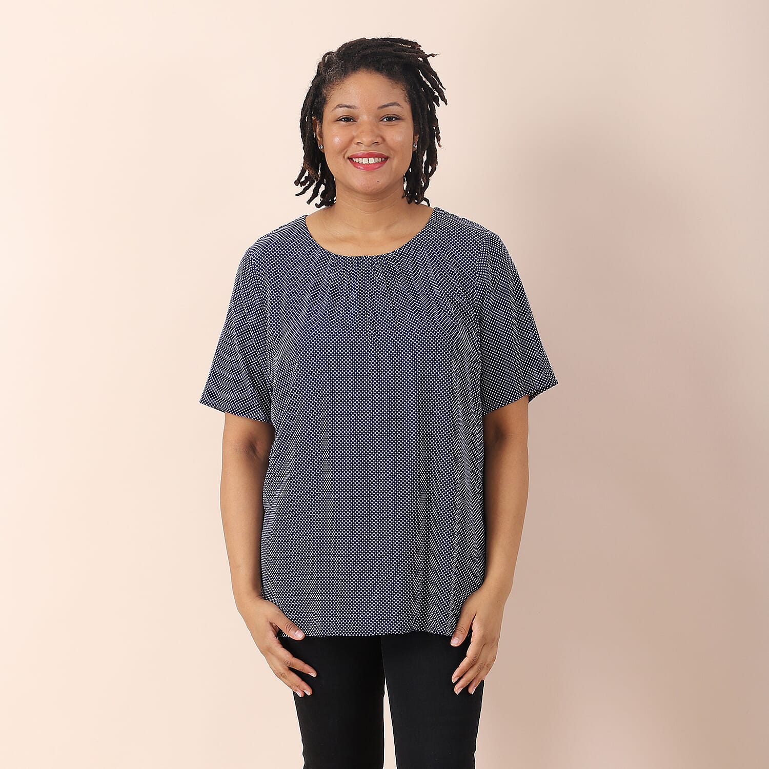 LA MAREY Viscose Floral Pattern Round Neckline Blouse - Black and Blue