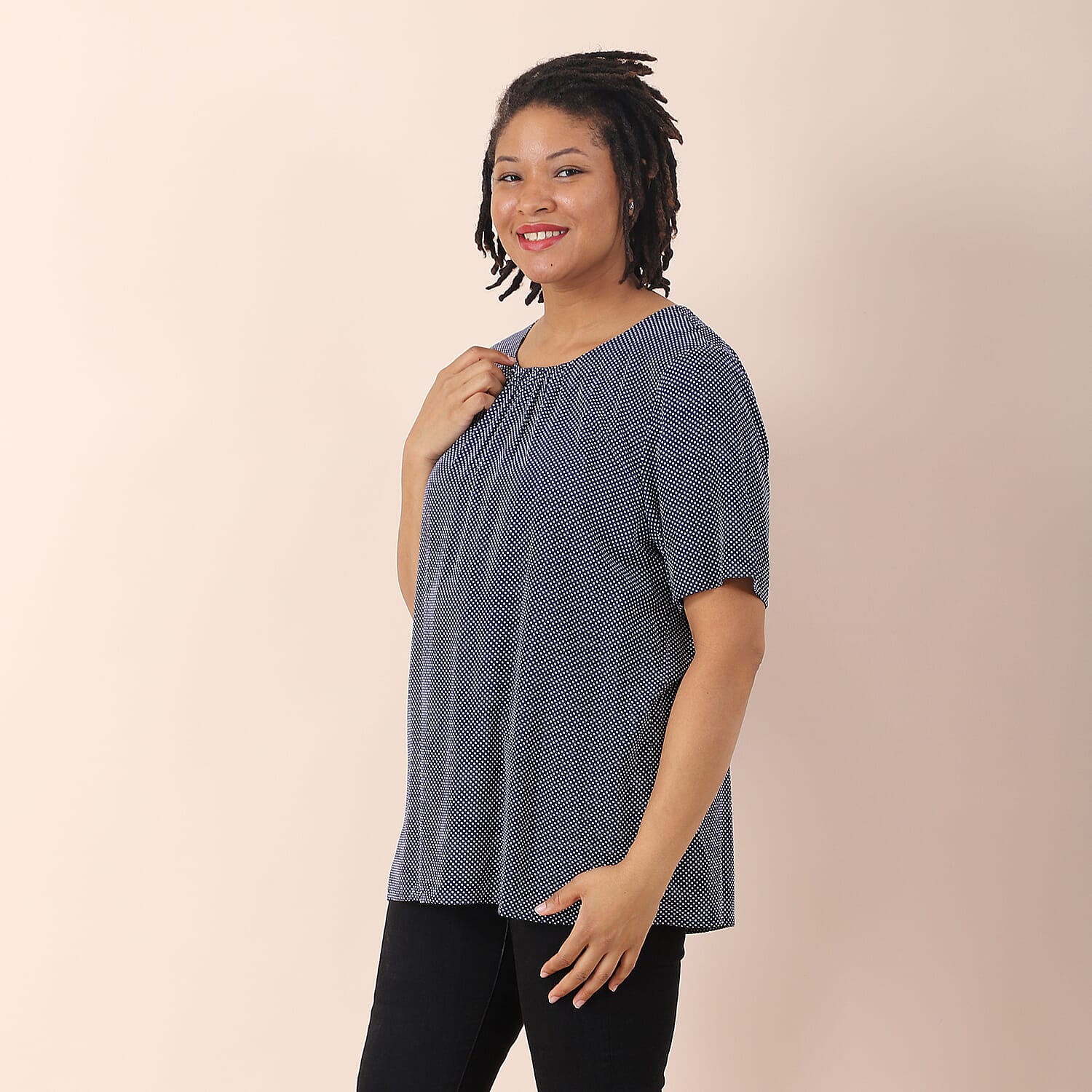 LA MAREY Viscose Floral Pattern Round Neckline Blouse - Black and Blue