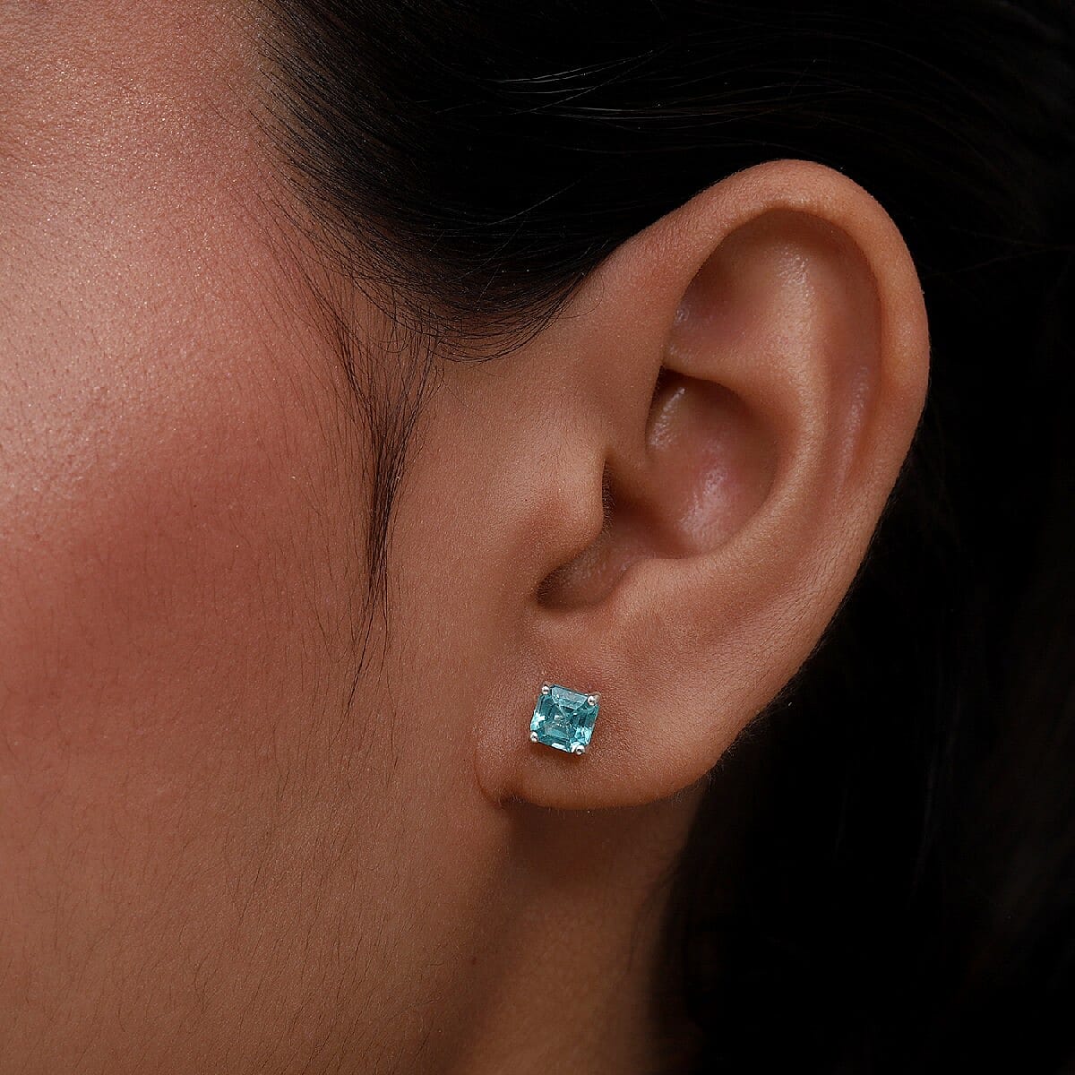 Extremely Rare Paraiba Blue Apatite (Very Rare Asscher Cut) Stud Earrings (with Push Back) in Sterling Silver 1.38 Ct.
