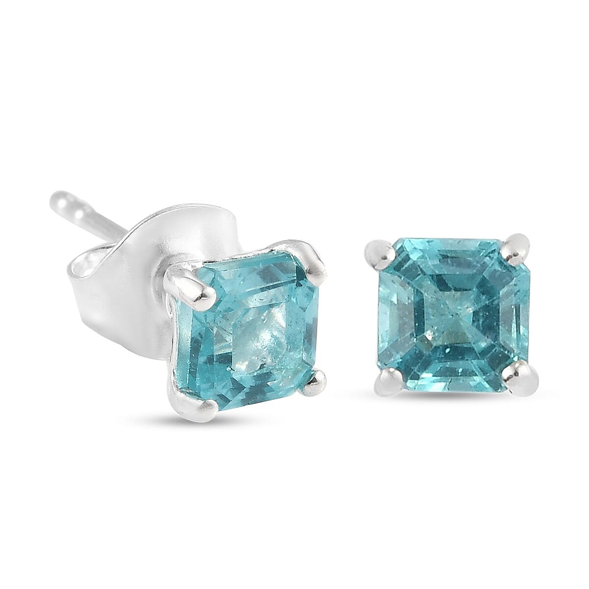 Extremely Rare Paraiba Blue Apatite (Very Rare Asscher Cut) Stud Earrings (with Push Back) in Sterling Silver 1.38 Ct.