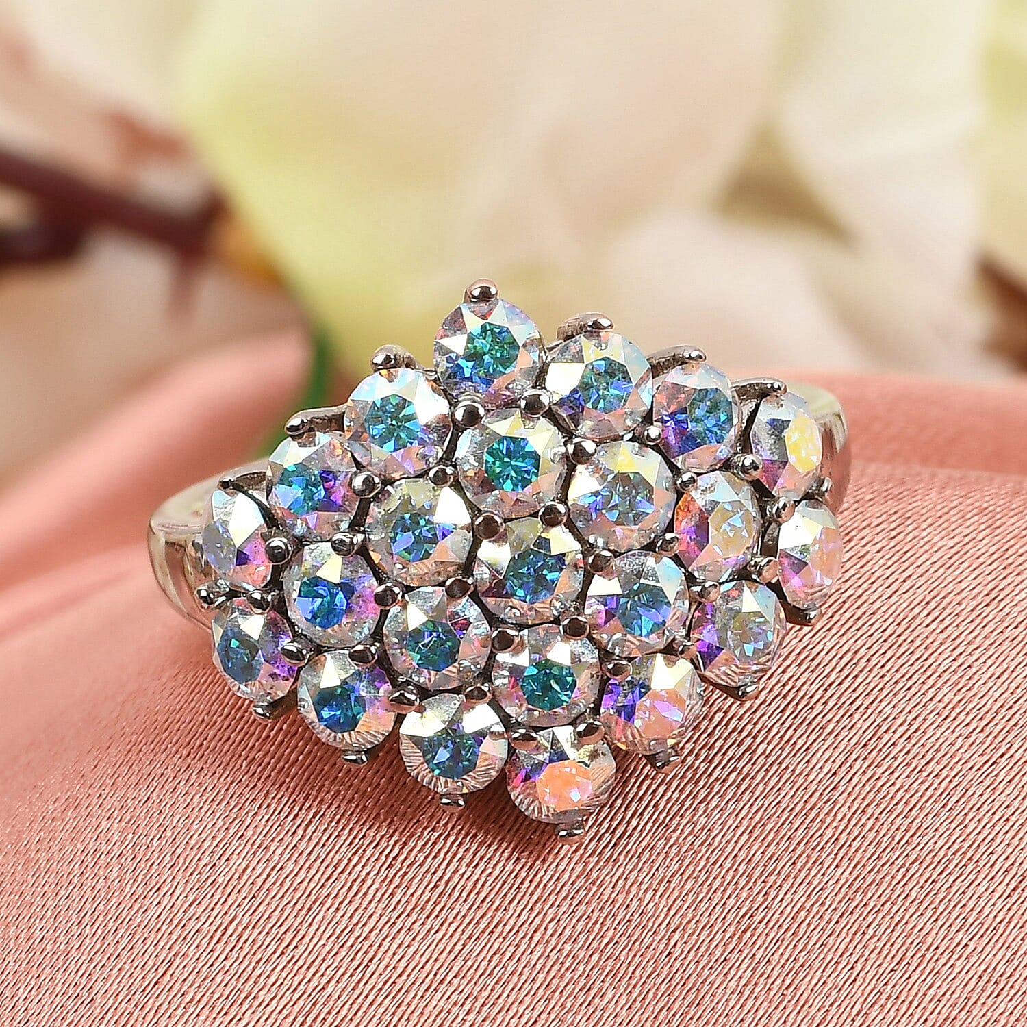 J Francis AB Crystal Ring in Silver Tone