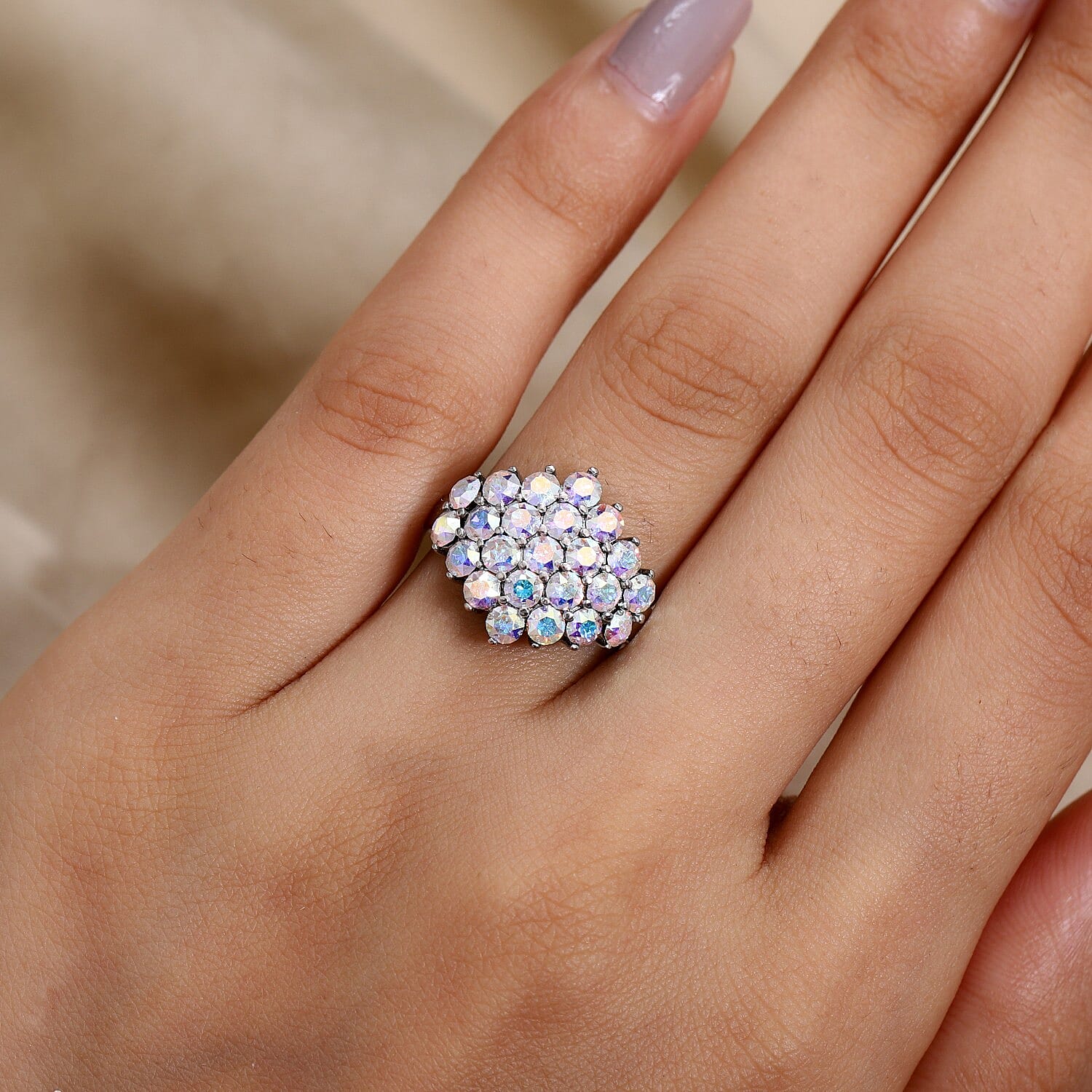 J Francis AB Crystal Ring in Silver Tone