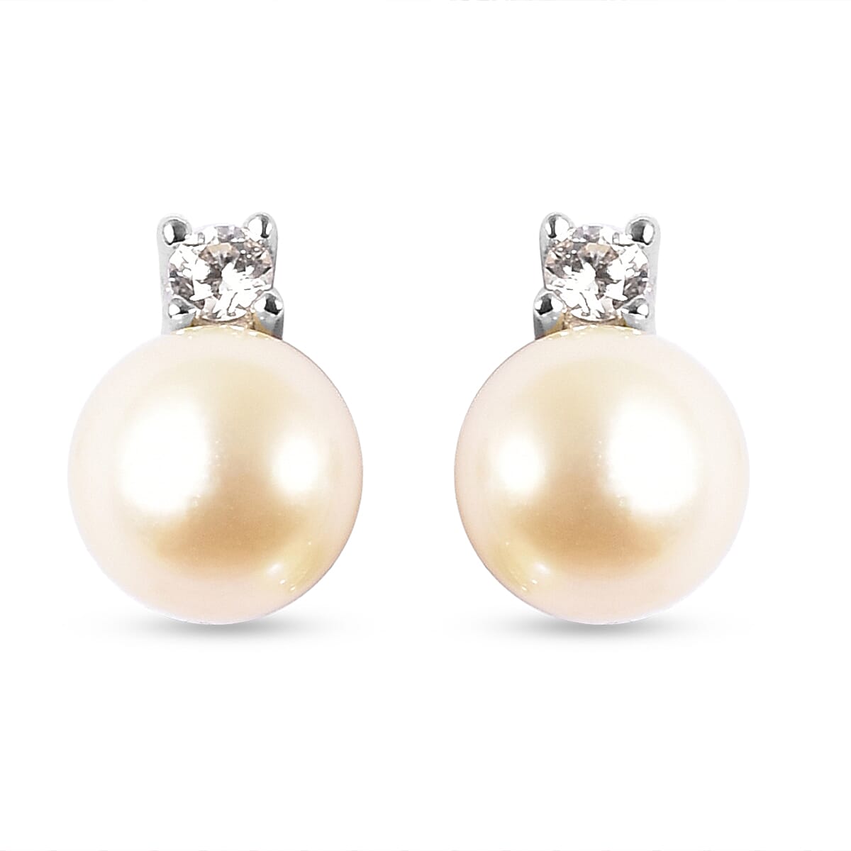 Japanese Akoya Pearl and Natural Cambodian Zircon Stud Earrings (with Push Back) in Rhodium Overlay Sterling Silver