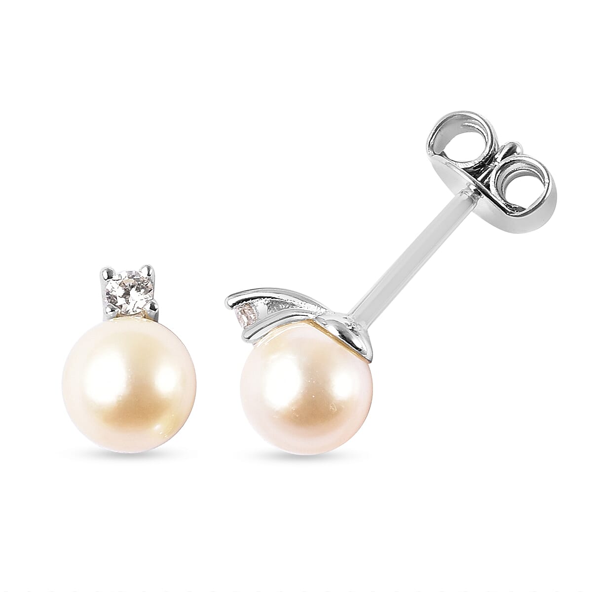 Japanese Akoya Pearl and Natural Cambodian Zircon Stud Earrings (with Push Back) in Rhodium Overlay Sterling Silver