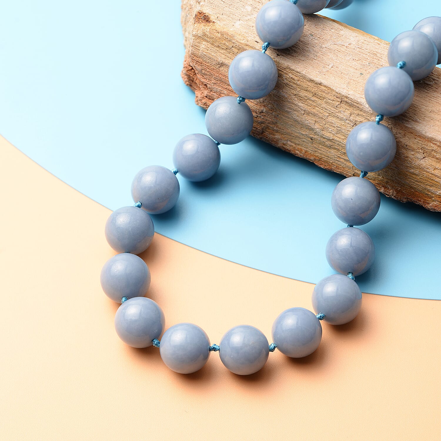 Angelite Beads Necklace (Size - 20) With Magnetic Clasp in Rhodium Overlay Sterling Silver 689 Ct.