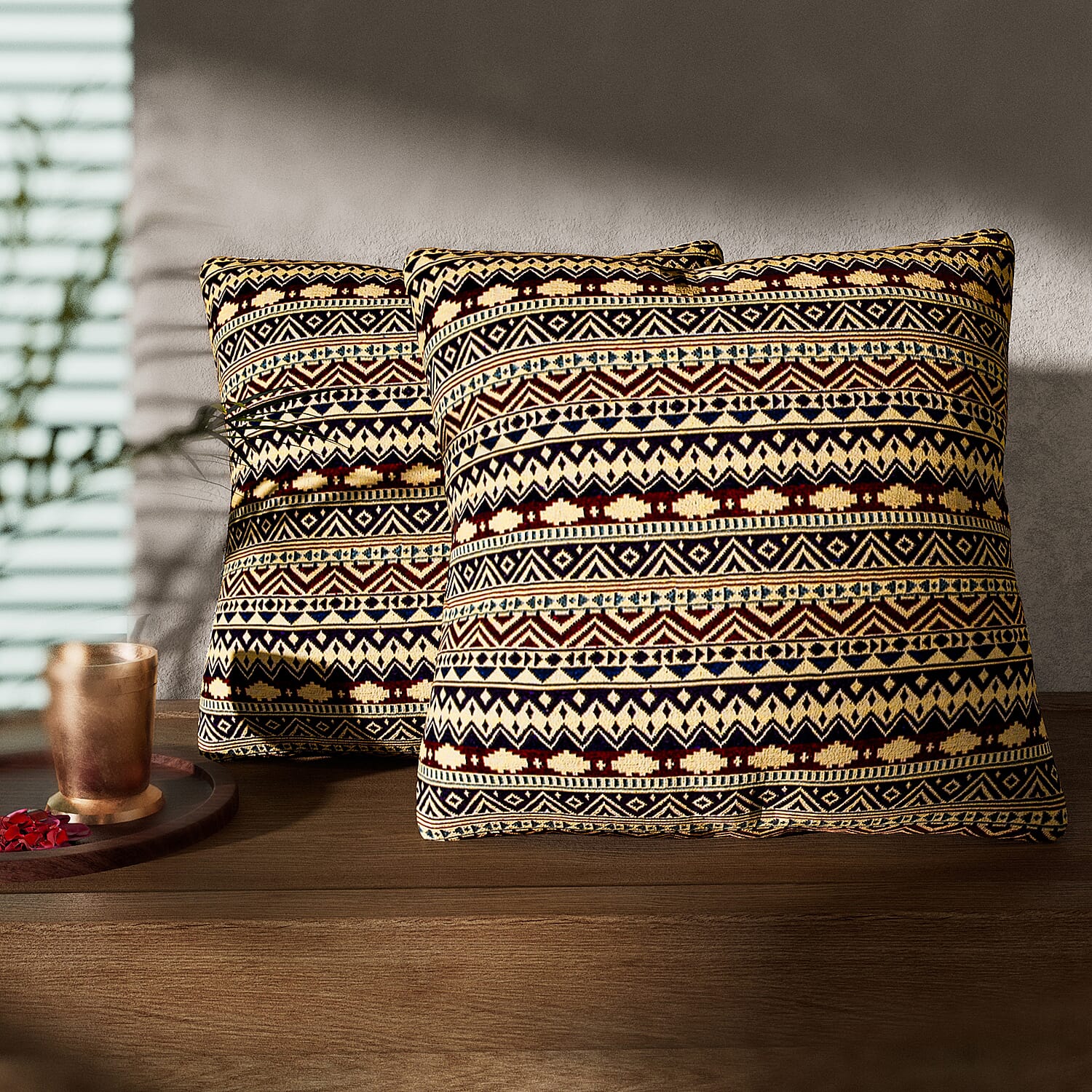 Set of 2 - Turkish Kilim Pattern Cushion Covers - Yellow and Multi