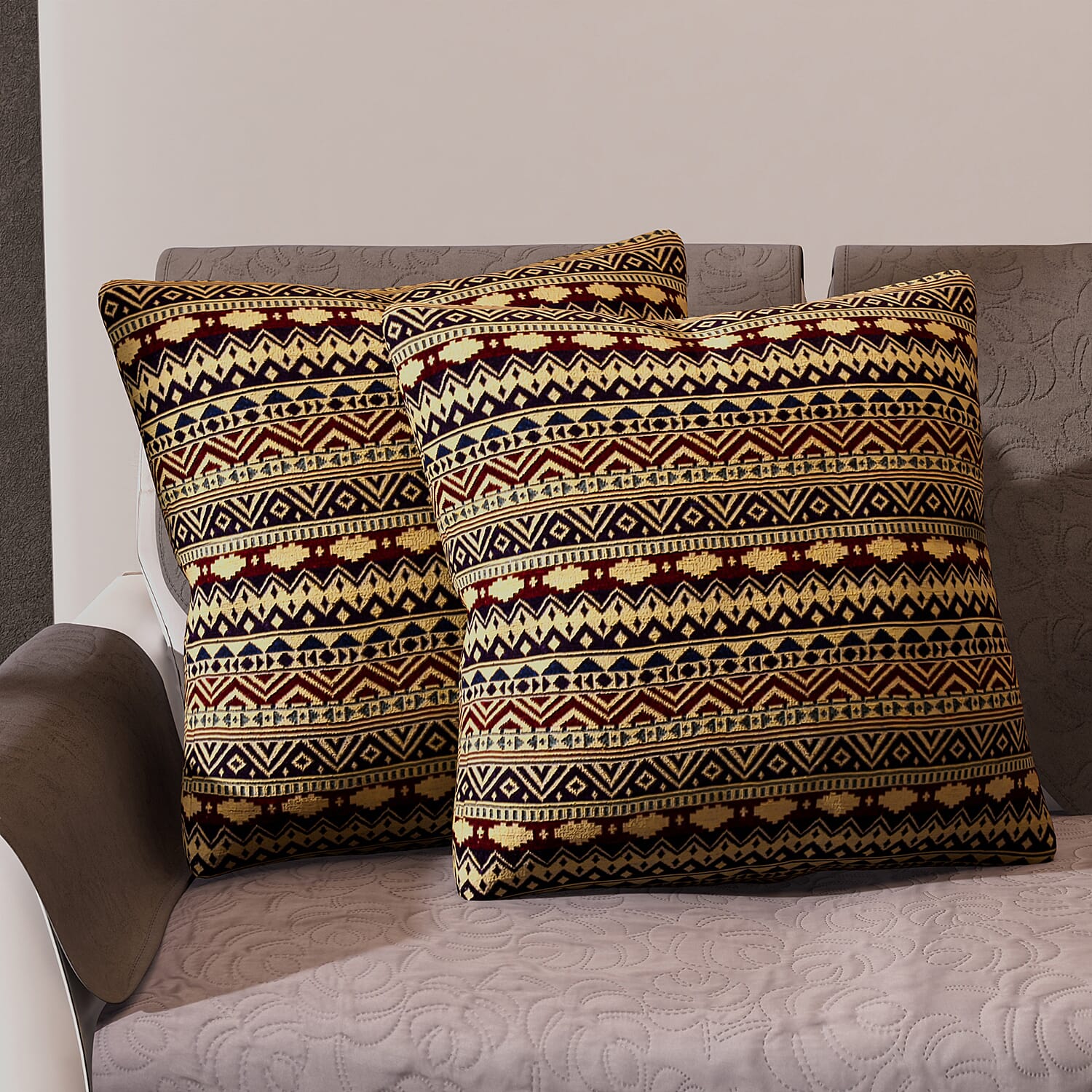 Set of 2 - Turkish Kilim Pattern Cushion Covers - Yellow and Multi