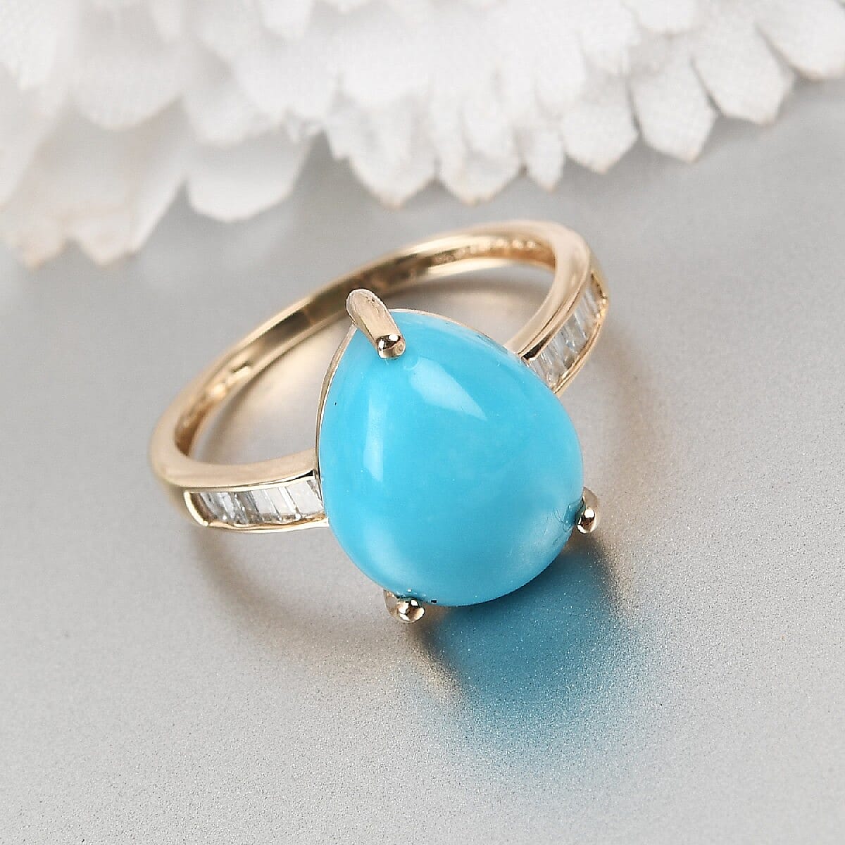 9K Yellow Gold AA Arizona Sleeping Beauty Turquoise and Diamond Ring 4.36 Ct.