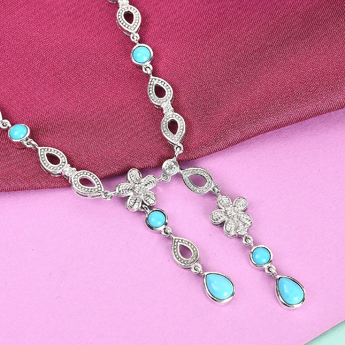 Arizona Sleeping Beauty Turquoise and Natural Cambodian Zircon Necklace (Size 18 with 2 inch Extender) in Platinum Overlay Sterling Silver 4.26 Ct, Silver Wt. 17.83 Gms