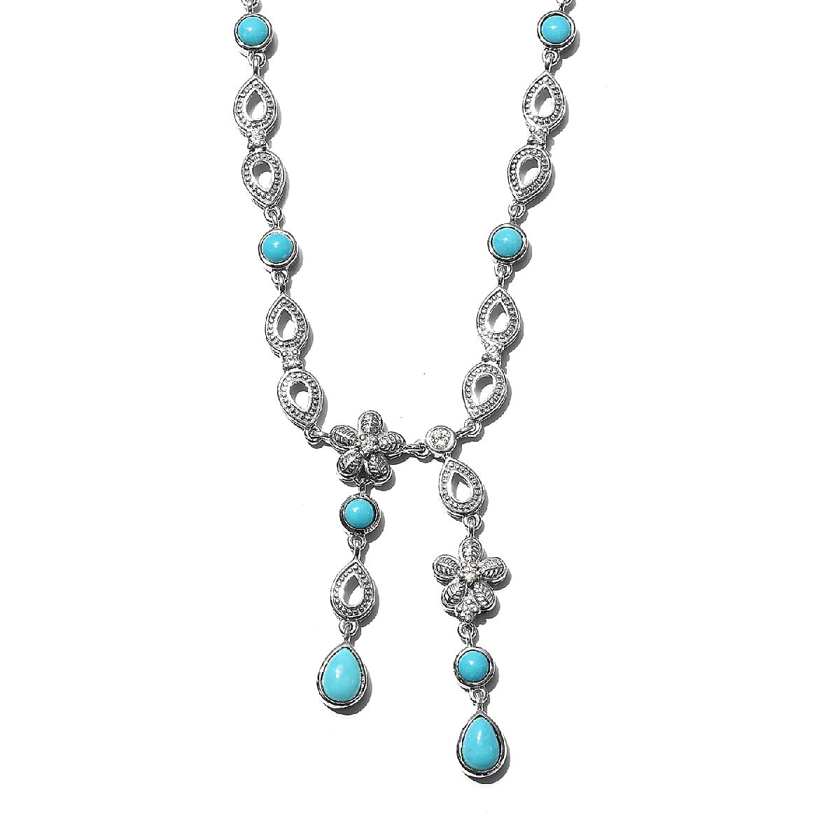 Arizona Sleeping Beauty Turquoise and Natural Cambodian Zircon Necklace (Size 18 with 2 inch Extender) in Platinum Overlay Sterling Silver 4.26 Ct, Silver Wt. 17.83 Gms