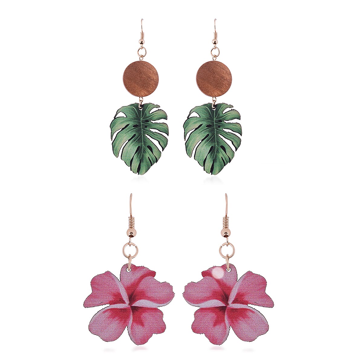 2 Piece Set - Flower and Leaf Design Wooden Fish Hook Earrings in Yellow Gold Tone