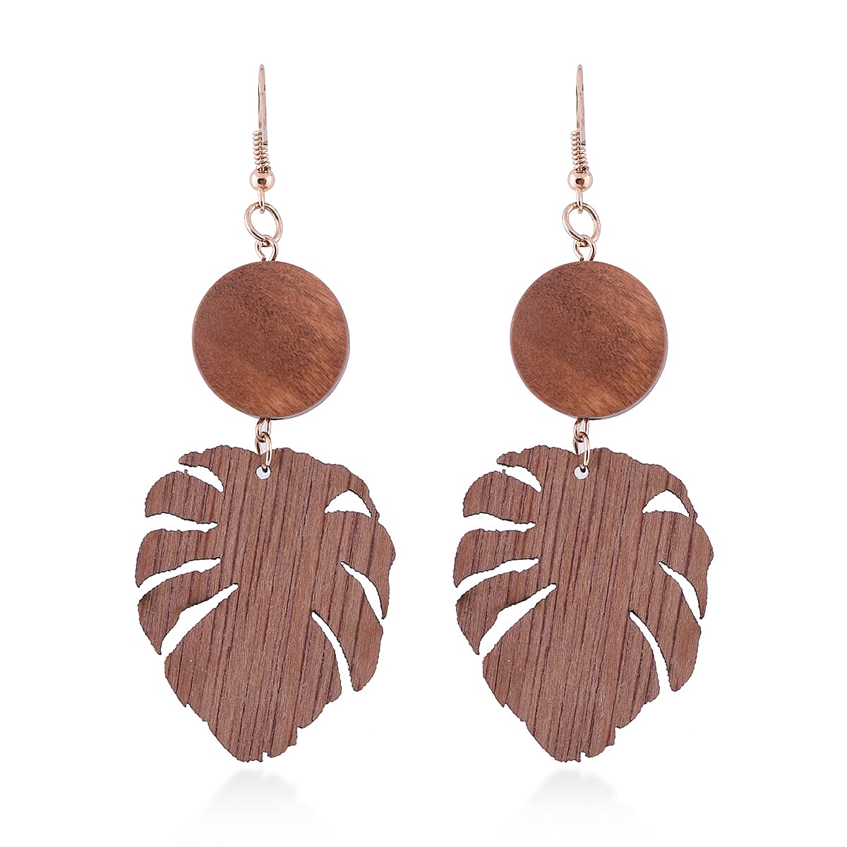 2 Piece Set - Flower and Leaf Design Wooden Fish Hook Earrings in Yellow Gold Tone