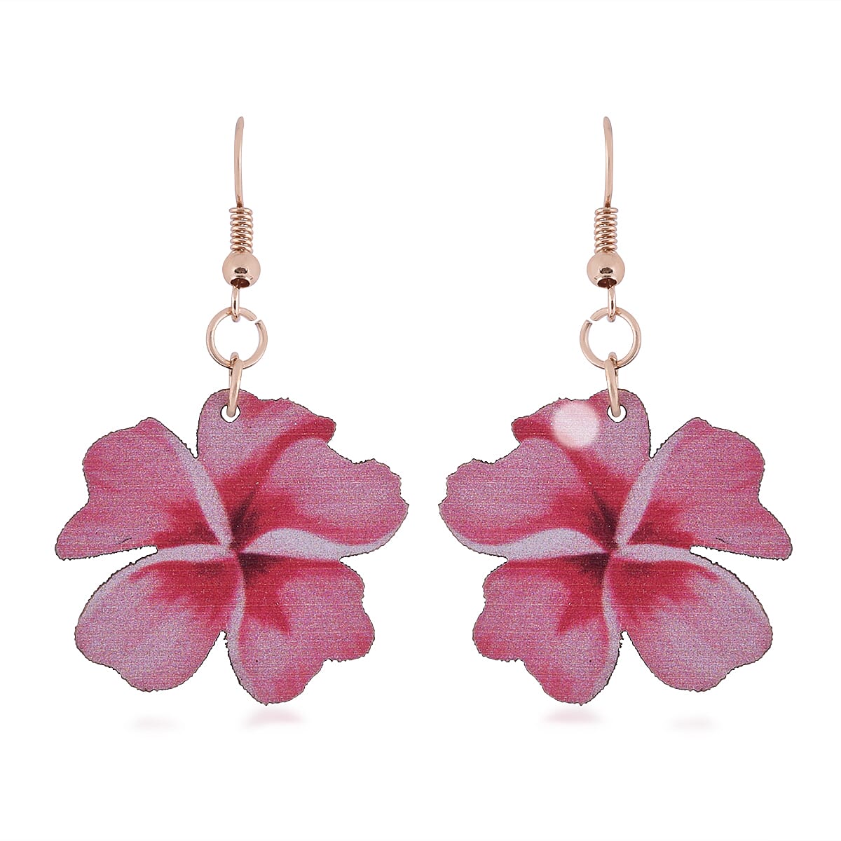 2 Piece Set - Flower and Leaf Design Wooden Fish Hook Earrings in Yellow Gold Tone