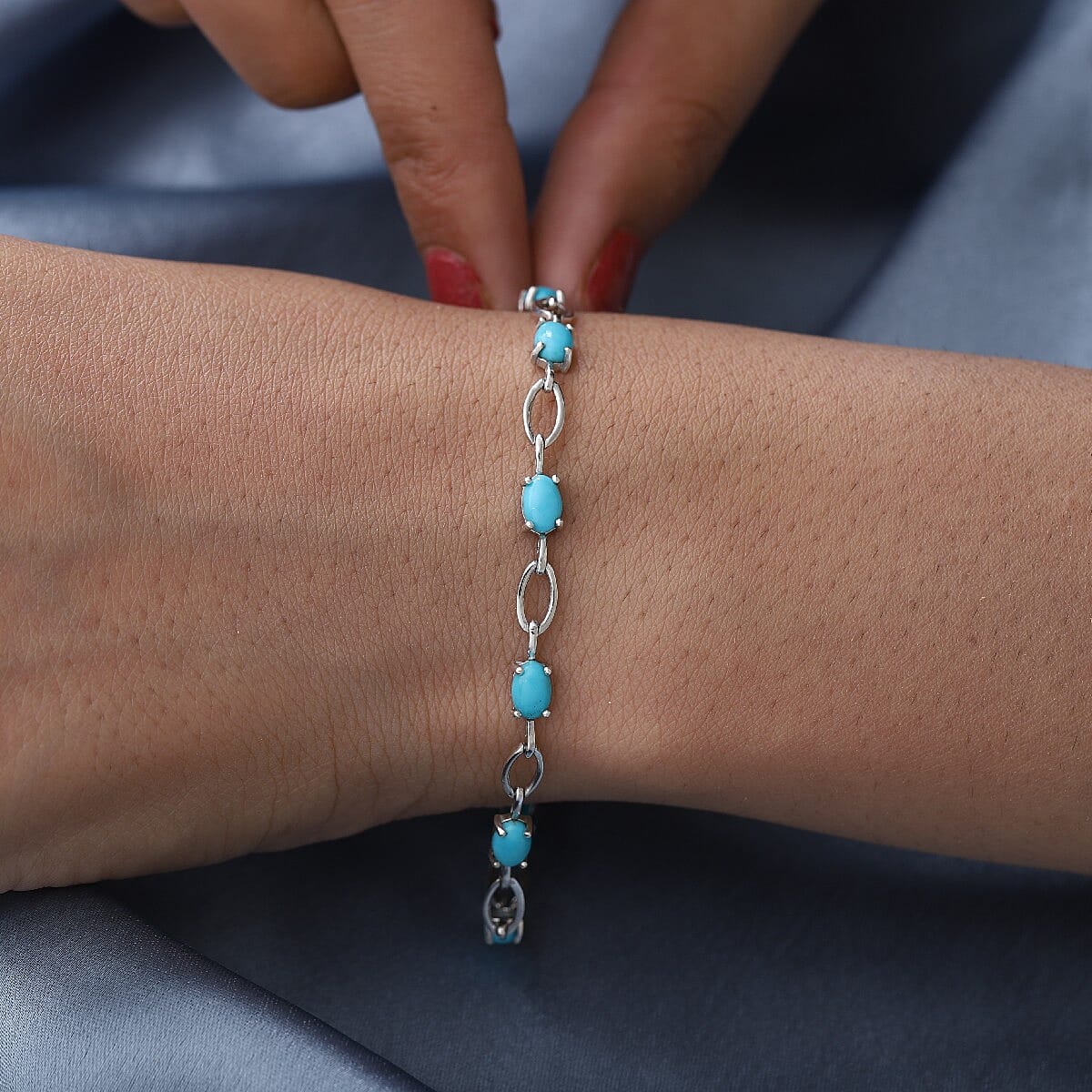 Sleeping Beauty Turquoise Line Bracelet 1 Row (Size - 7) in Platinum Overlay Sterling Silver 3.00 ct  3.000  Ct.
