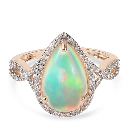 9K Yellow Gold Ethiopian Welo Opal and Diamond Ring 3.05 Ct.