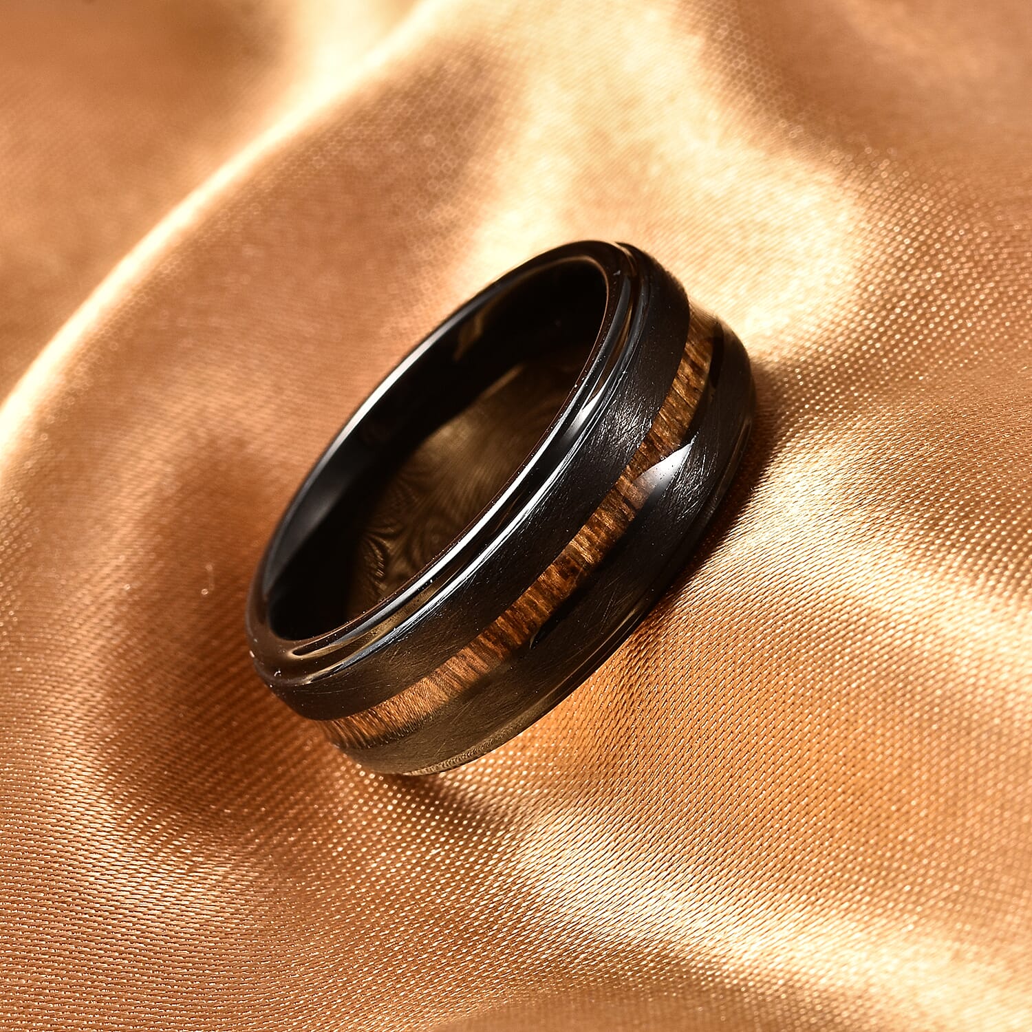 Acacia Wood Tungsten Band Ring in Black Tone
