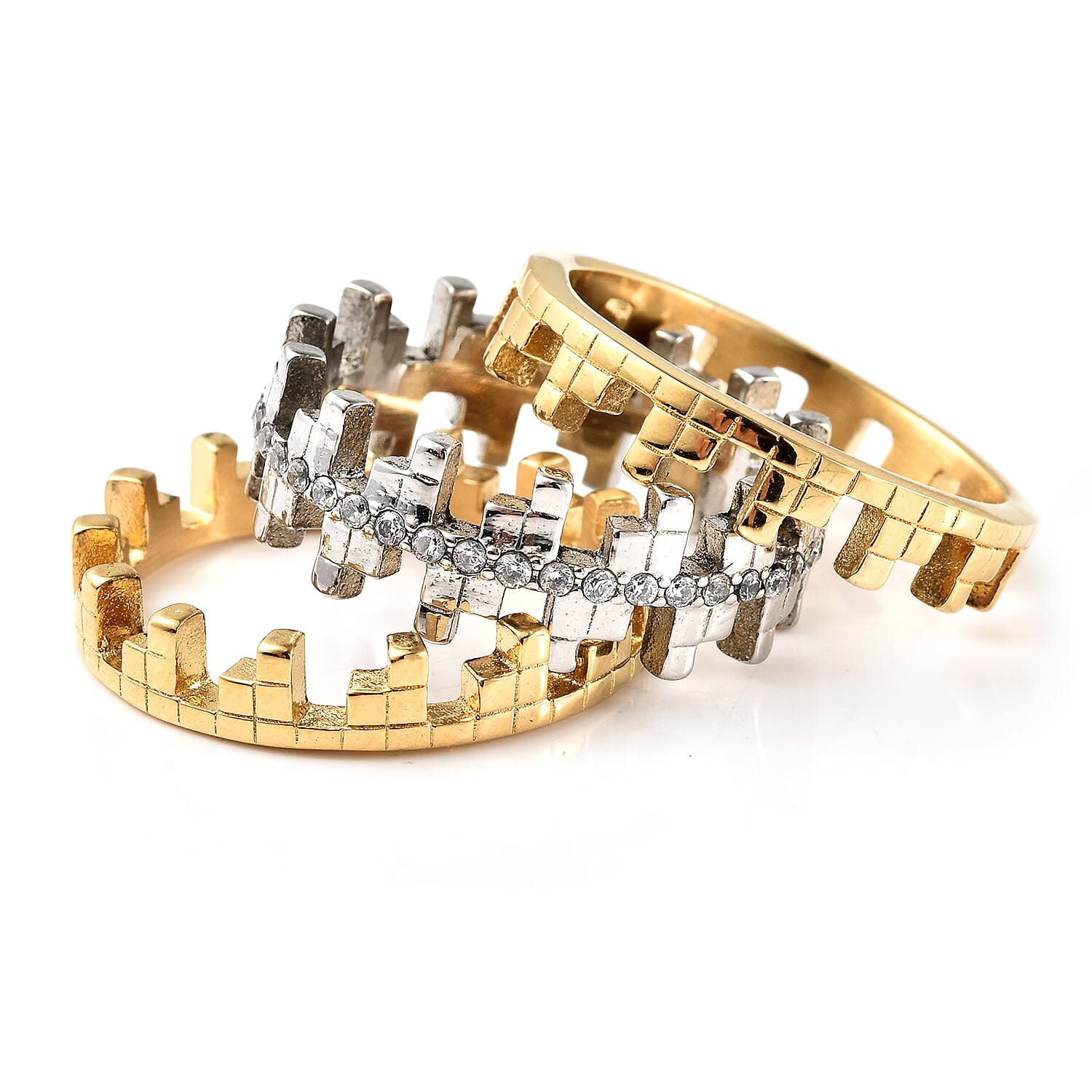 Set of 3 Simulated Diamond Stackable Puzzle Ring in Two Tone