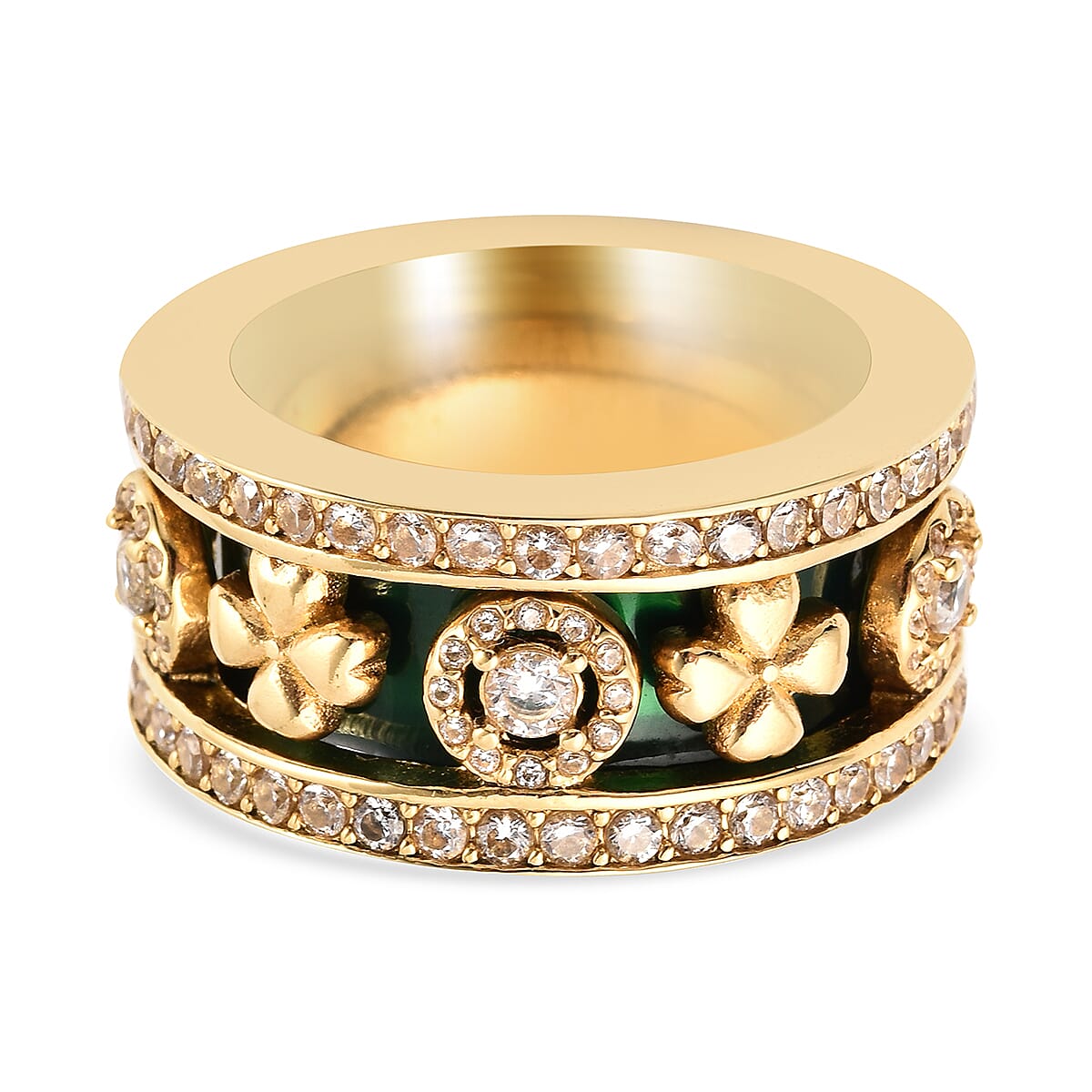 Set of 3 - Simulated Diamond Green Enamelled Band Ring in Gold Tone