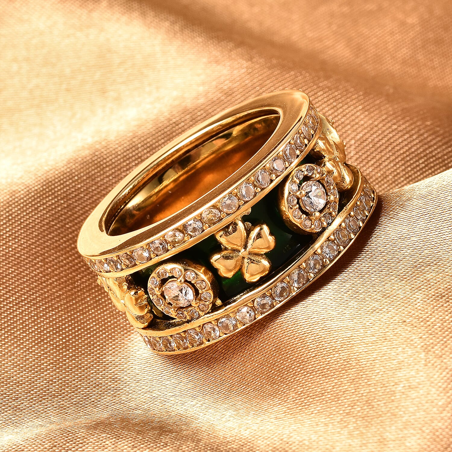 Set of 3 - Simulated Diamond Green Enamelled Band Ring in Gold Tone