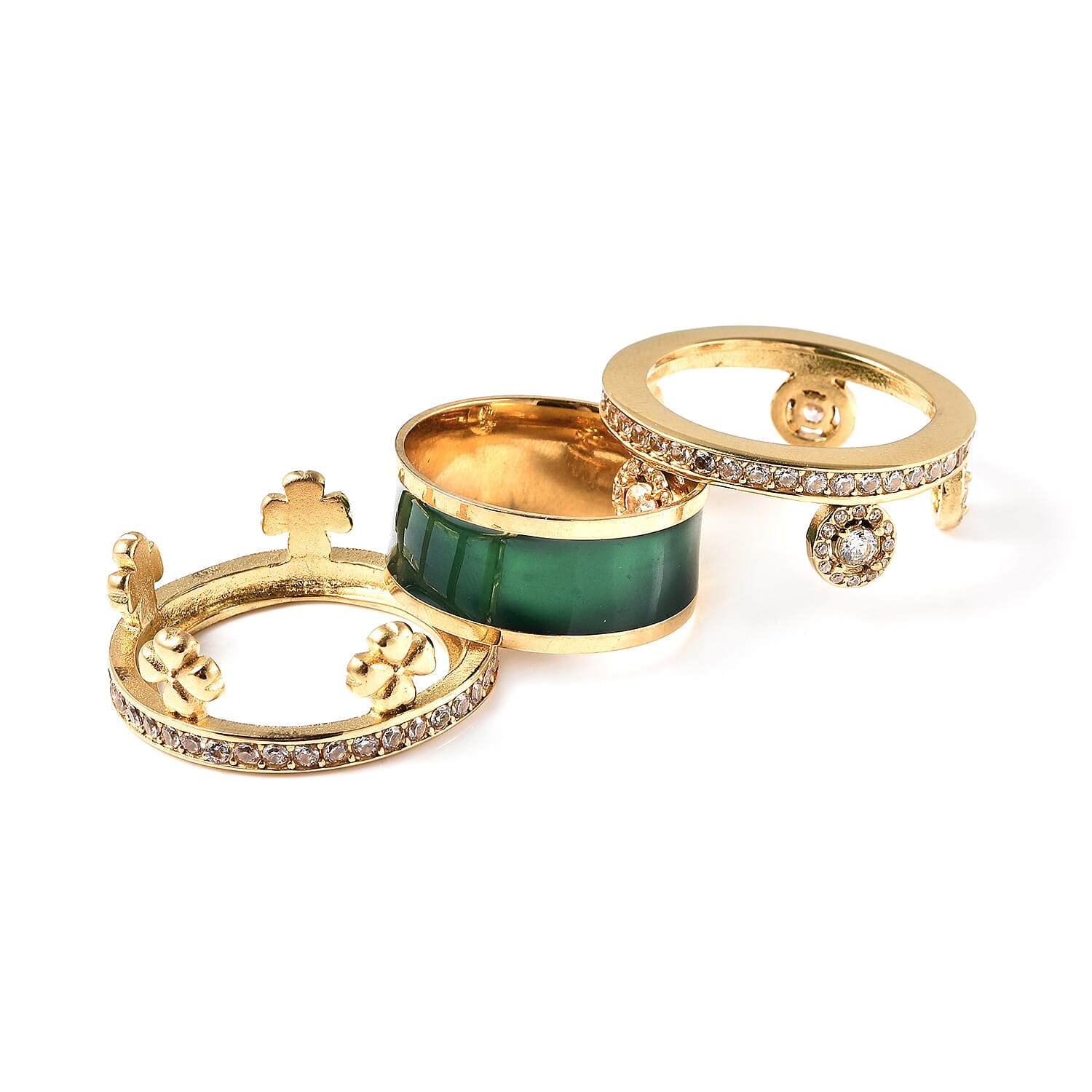 Set of 3 - Simulated Diamond Green Enamelled Band Ring in Gold Tone