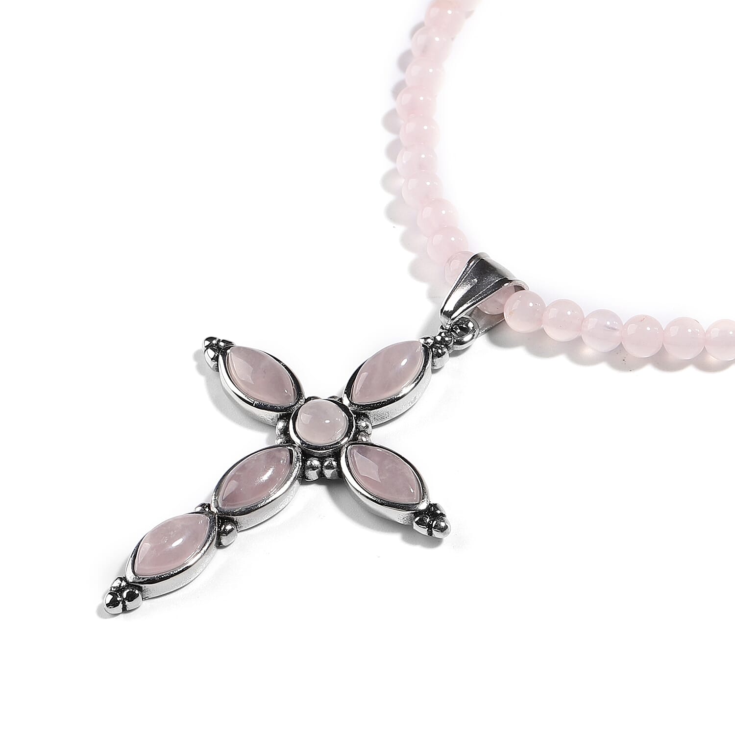 2 Piece Set -  Rose Quartz Cross Pendant and Necklace in Stainless Steel  69.60 Ct.