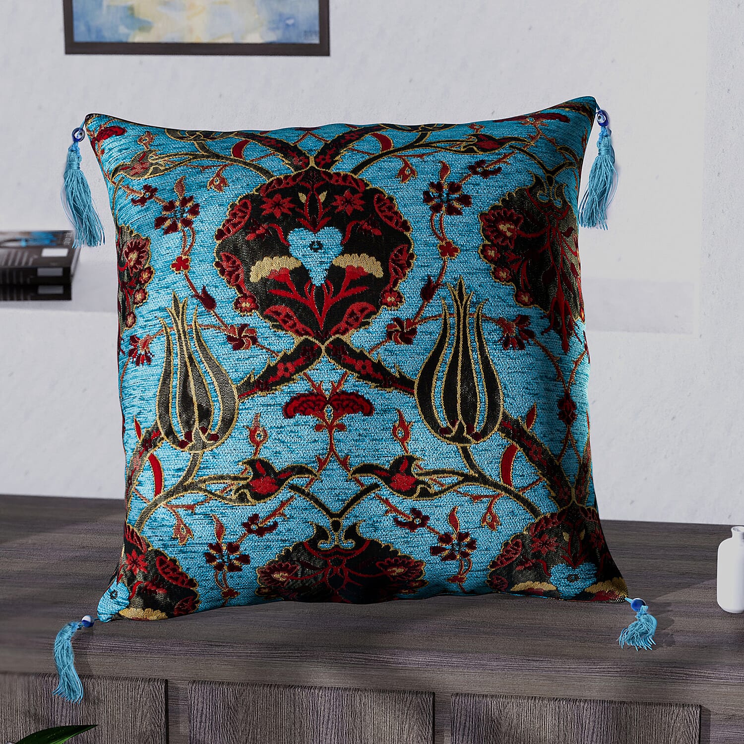 Set of 2 - Turkish Closeout Ottoman Cushion Covers with Zipper Closure (Size 44x42 cm) - Turquoise & Multi