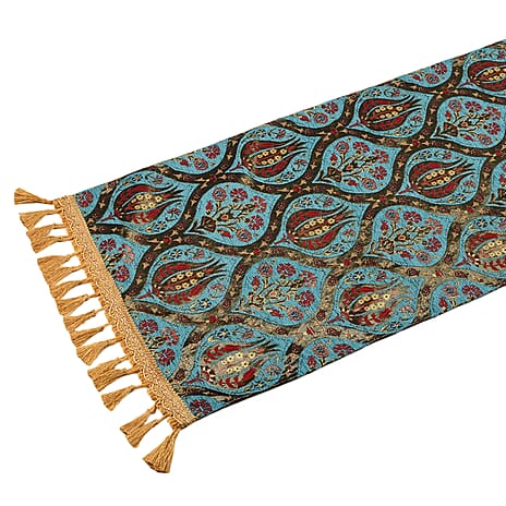 High Quality Turkish Fine Detail Damask Tasptry Table Runner (Size 175x49 cm) - Turquoise Blue