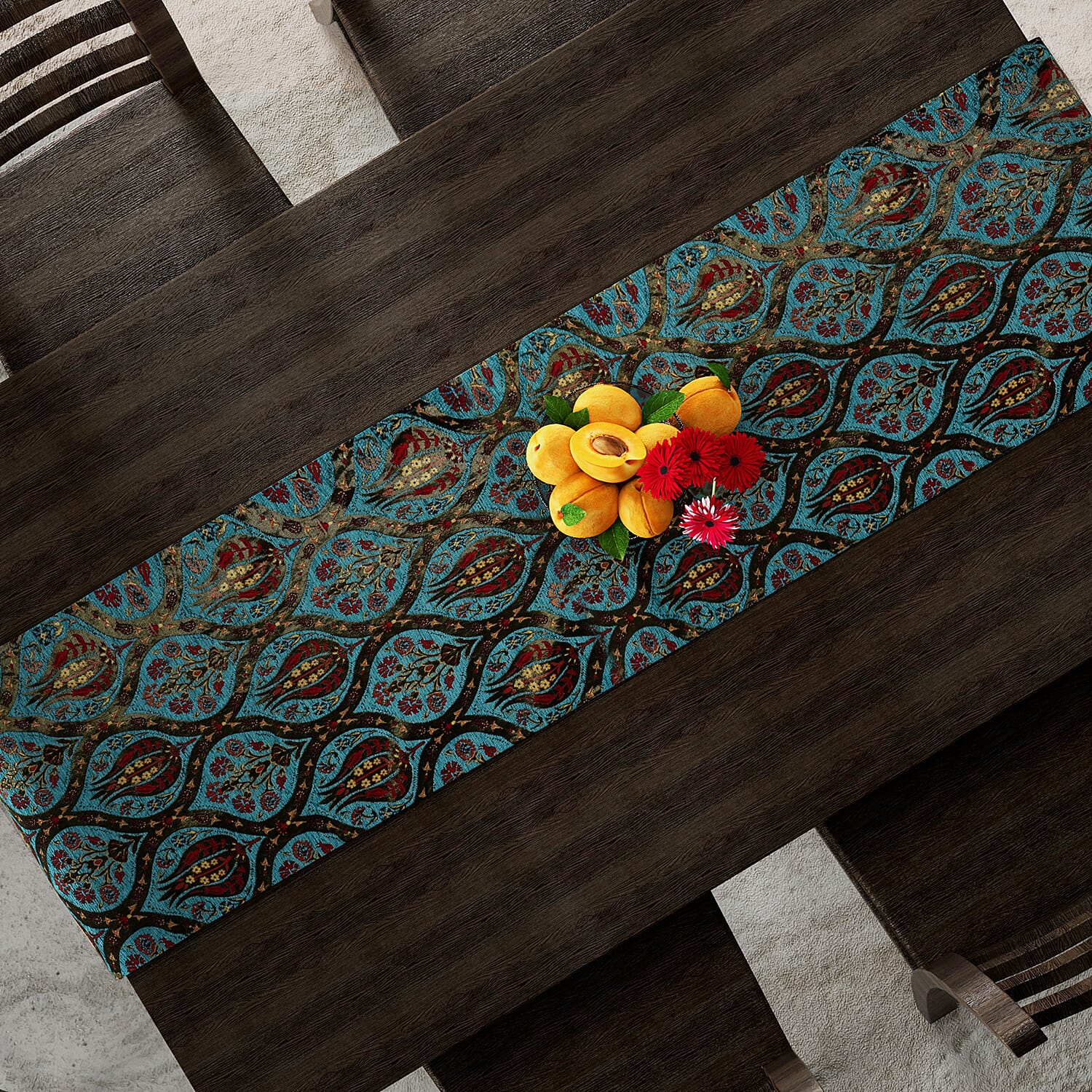 High Quality Turkish Fine Detail Damask Tasptry Table Runner (Size 175x49 cm) - Turquoise Blue