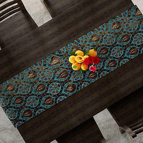 High Quality Turkish Fine Detail Damask Tasptry Table Runner (Size 175x49 cm) - Turquoise Blue