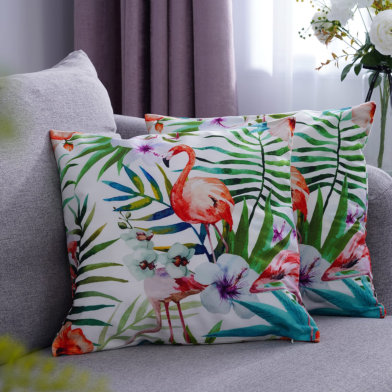 Set of 2 - Flamingo & Flower Pattern Cushion Cover with Zipper Closure (Size 43x43cm) - Green, White & Multi