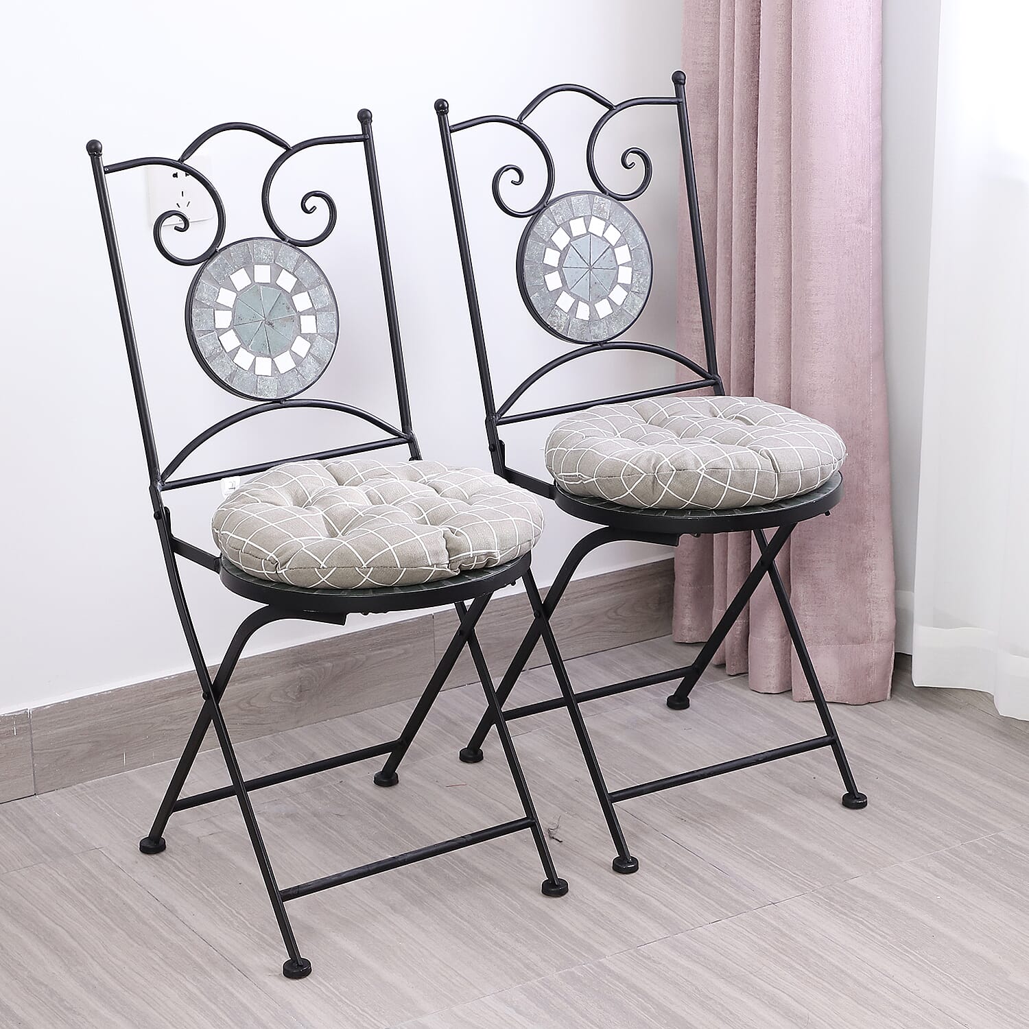 Set of 2 - Checker Pattern Round Chair Pad (Diameter: 40cm) - Grey