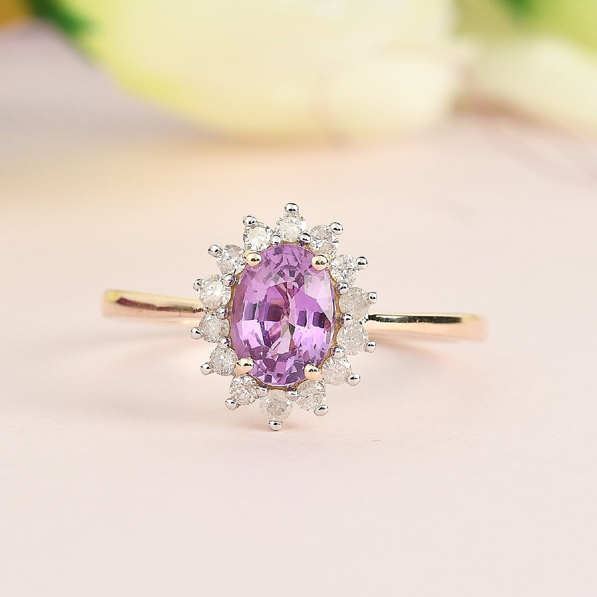 9K Yellow Gold Purple Sapphire and Diamond Ring 1.00 Ct.
