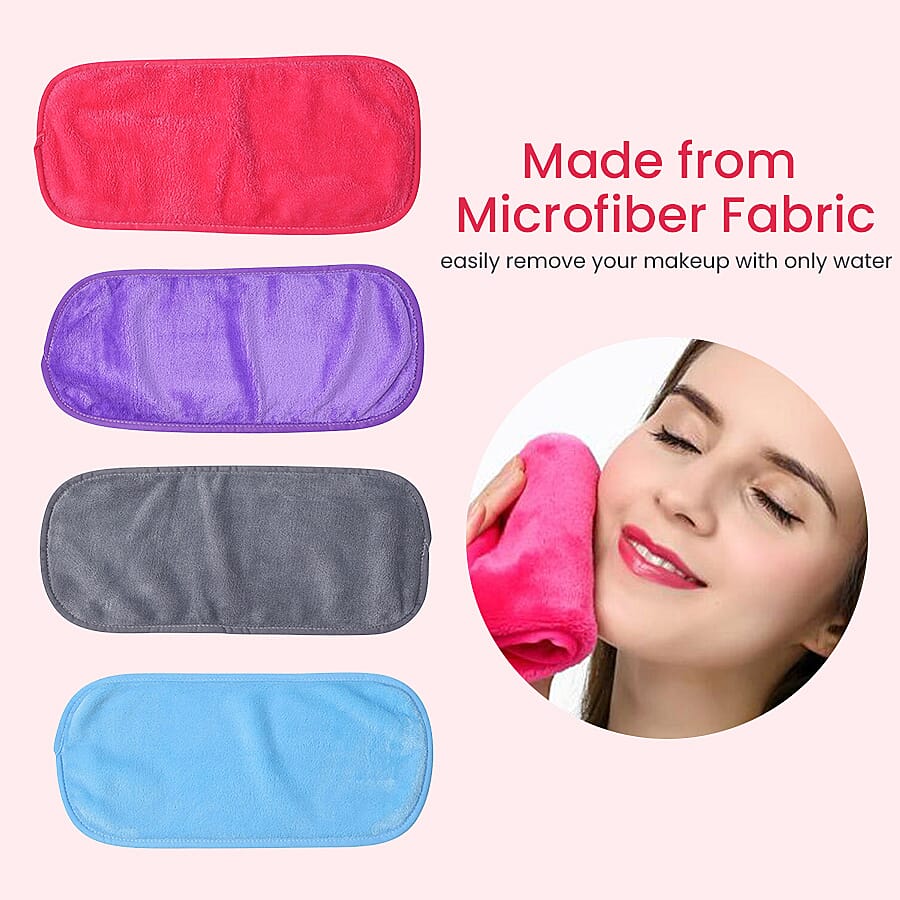 Set of 4 - Reusable Makeup Remover Wipes (Size 40x17Cm) - Pink, Purple, Sky Blue and Grey