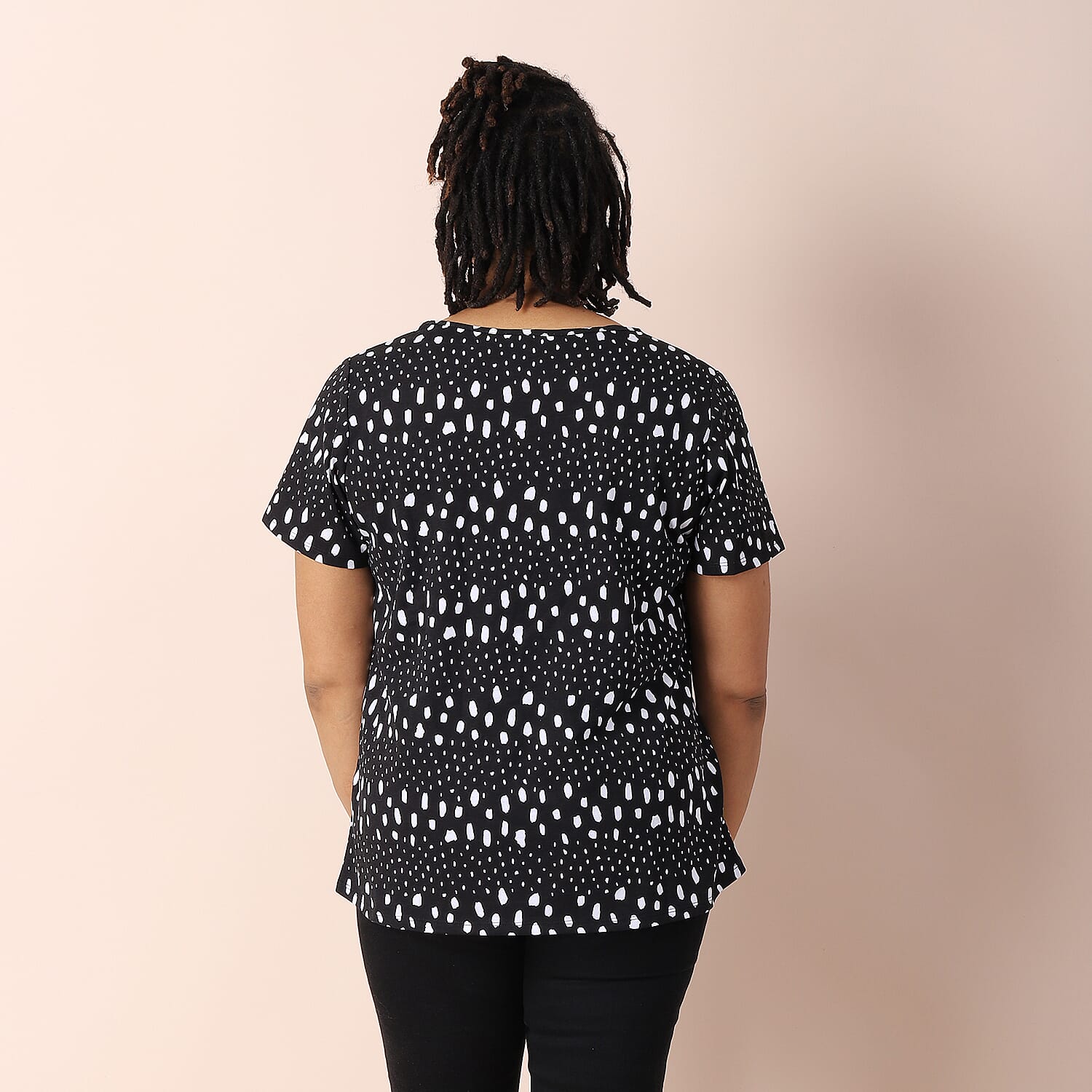 JOVIE 100% Cotton V Neck Short Sleeved Dot Pattern Jersey Print Top (Size S / 8-10) - Black & White