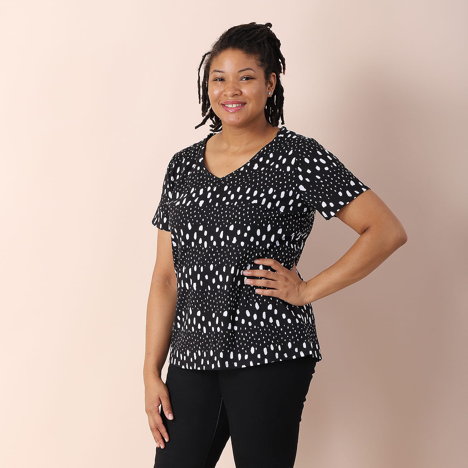 JOVIE 100% Cotton V Neck Short Sleeved Dot Pattern Jersey Print Top (Size S / 8-10) - Black & White