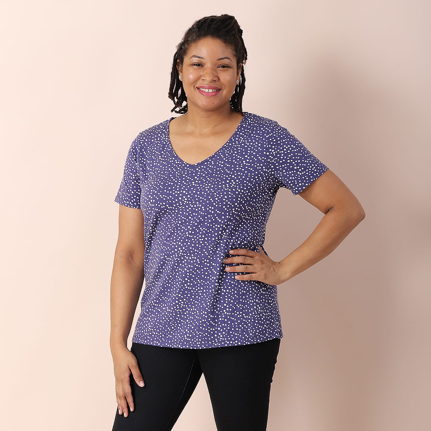 JOVIE 100% Cotton V Neck Short Sleeved Dot Pattern Jersey Print Top (Size S / 8-10) - Black & White