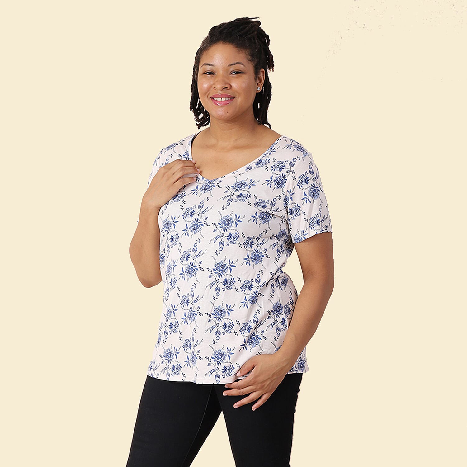 JOVIE 100% Cotton V Neck Short Sleeved Dot Pattern Jersey Print Top (Size S / 8-10) - Black & White