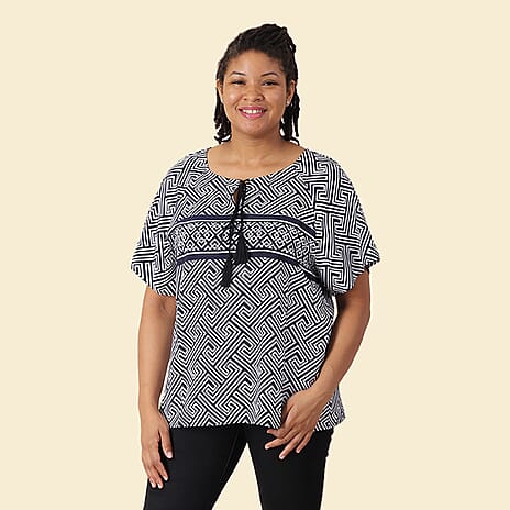 JOVIE Viscose Fret Pattern Short Sleeved Woven Print Top with Tassel (Size L - 16-18) - White & Navy